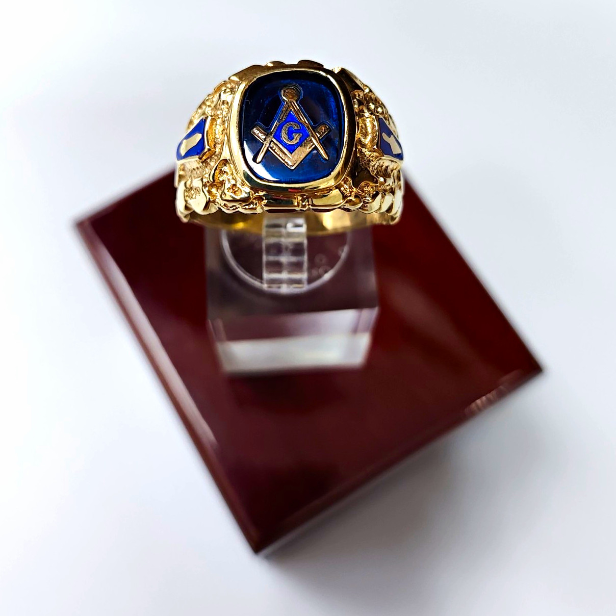 10k Yellow Gold Masonic Freemason Ring Square & Compass “G” Blue Enamel sz 11.5 