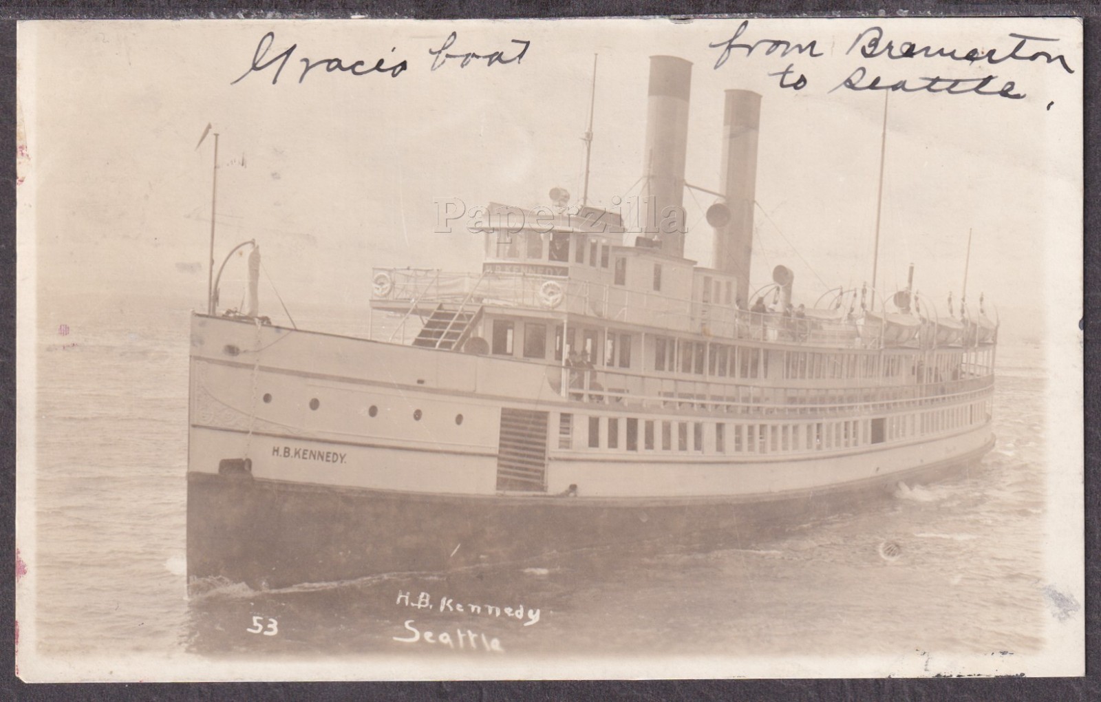 WA Bremerton RPPC 1920 STEAMER H.B. KENNEDY to Seattle Mosquito Fleet No.53 WA Bremerton RPPC 1920 STEAMER H.B. KENNEDY to Seattle Mosquito Fleet No.53