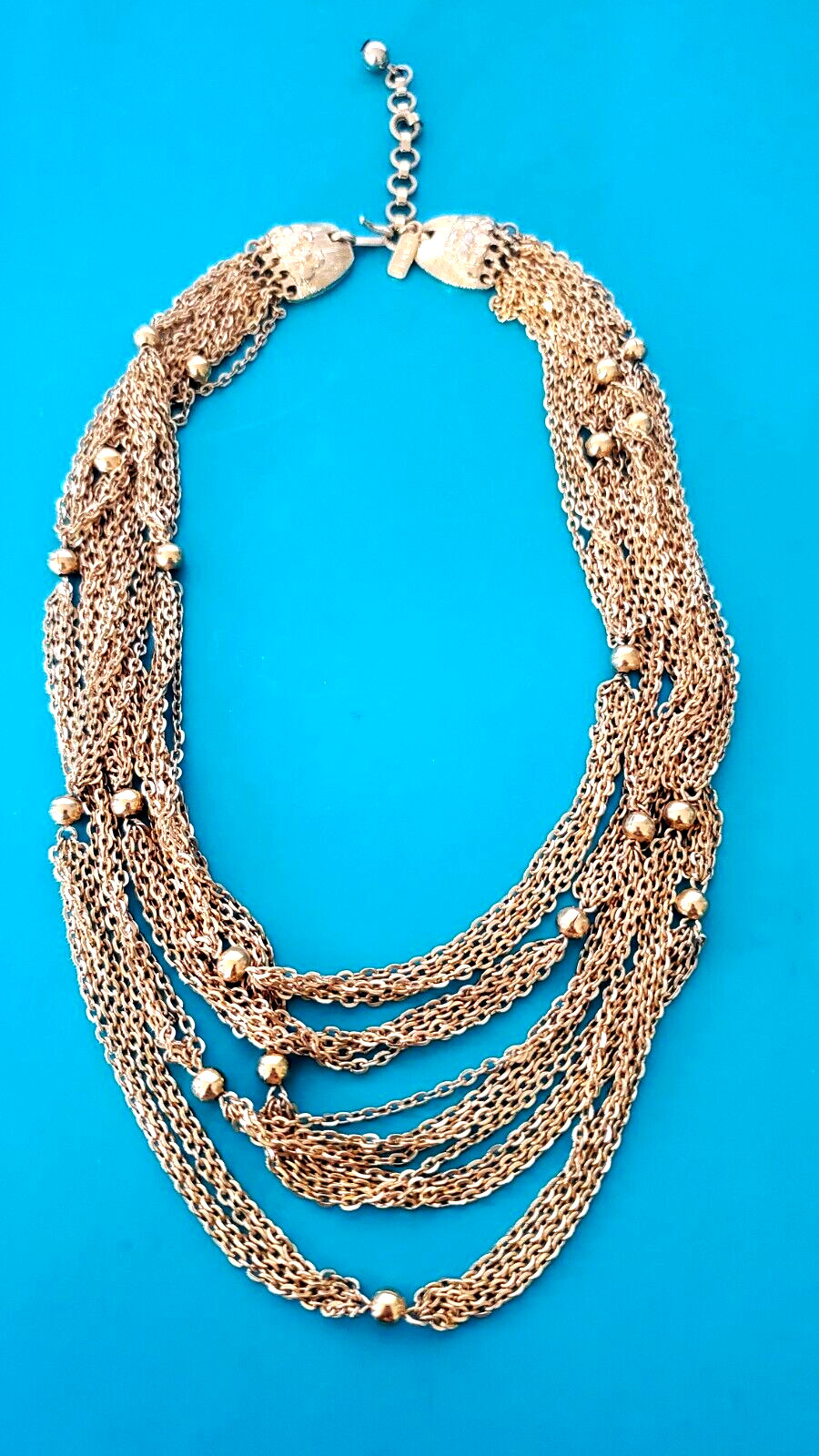 VTG Monet Gold Tone Bib Necklace Stamped Multi Chain Strand Adjustable ART VTG Monet Gold Tone Bib Necklace Stamped Multi Chain Strand Adjustable ART