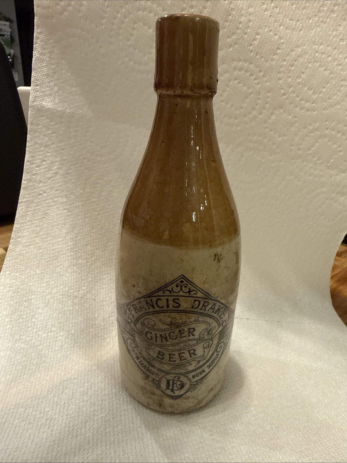Antique Francis Drake Ginger Beer Bottle New Glasgow Nova Scotia Glazed, Ceramic Antique Francis Drake Ginger Beer Bottle New Glasgow Nova Scotia Glazed, Ceramic
