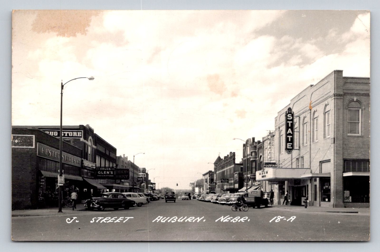 RPPC Auburn Nebraska J. Street Hested Stores Glen\'s Drugs State Theatre N024