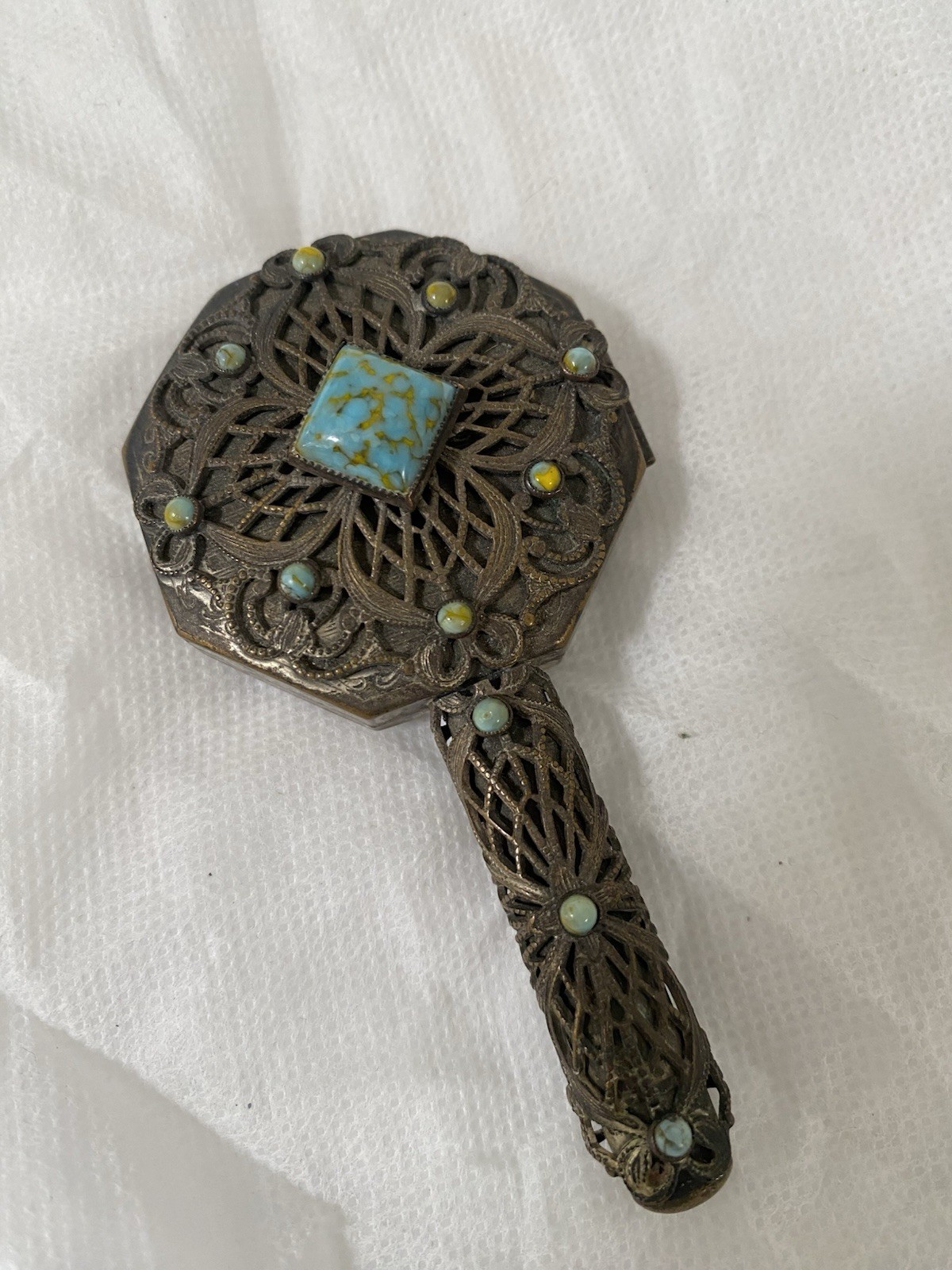 Antique Filigree Compact Mirror Lipstick Holder Turquoise Glass Stone Early 1900 Antique Filigree Compact Mirror Lipstick Holder Turquoise Glass Stone Early 1900