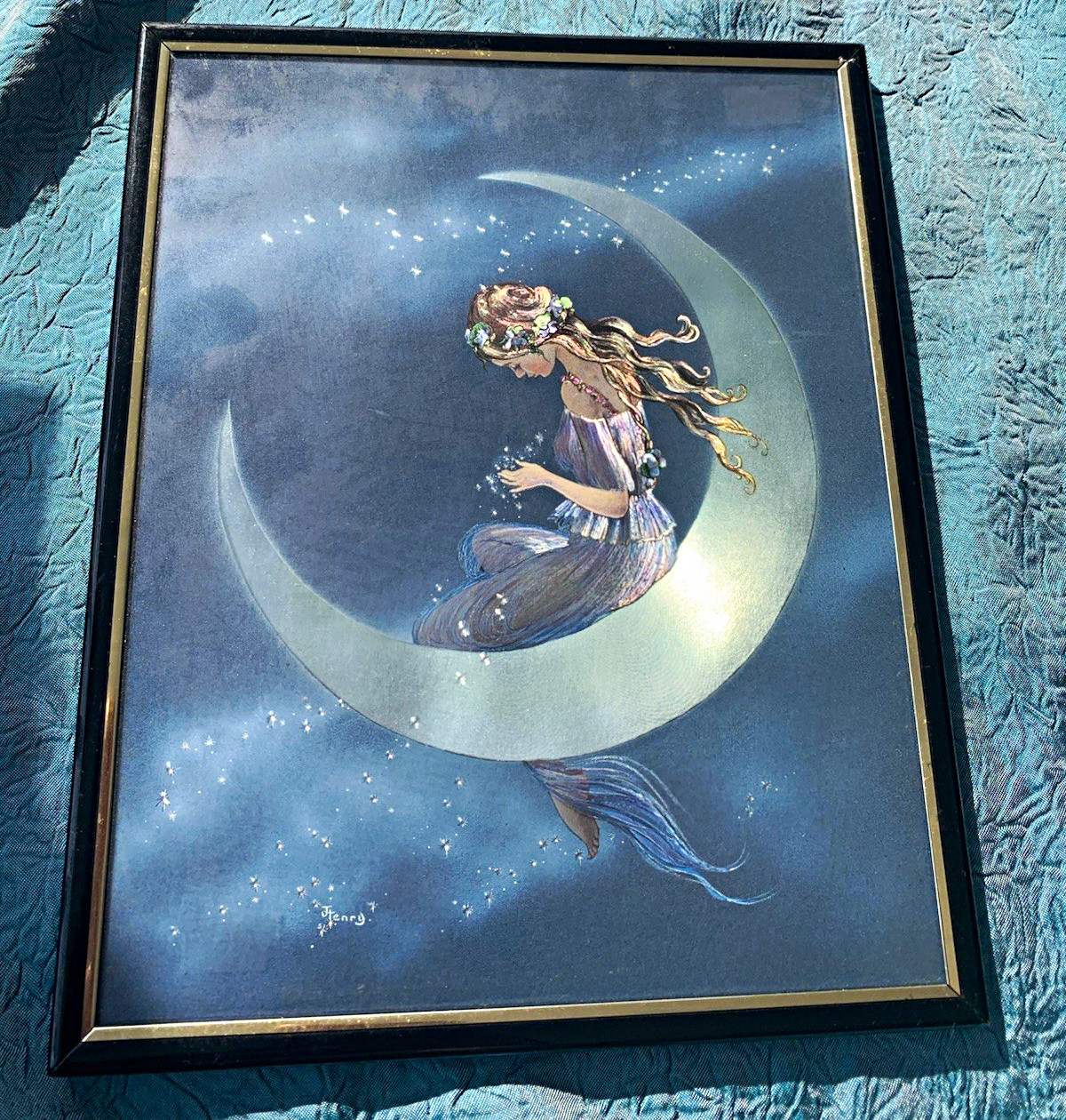 Fantasy Fairy on Crescent Moon Framed Print iridescent shimmer celestial  Fantasy Fairy on Crescent Moon Framed Print iridescent shimmer celestial 