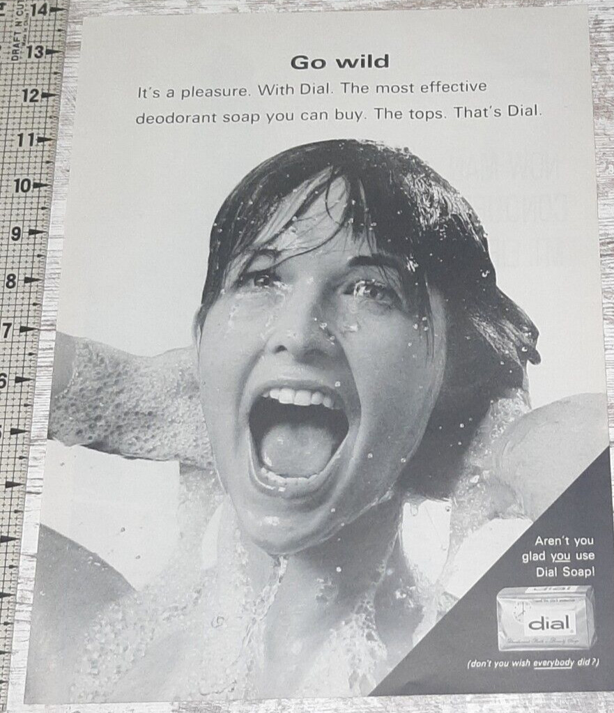 1964 Dial Soap Vintage Print Ad Shower Bathing Woman Water Suds Brunette Go Wild
