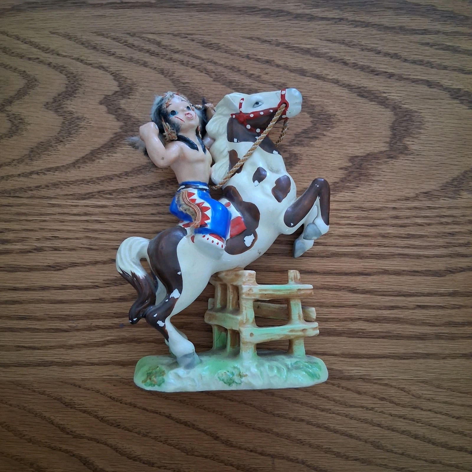 Vtg Ernesto Japan Ceramic Indian Brave On Pinto Horse Statue 7x5 - Missing Spear