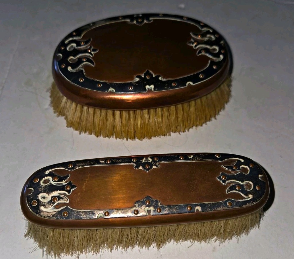2 beautiful art noveau Vanity Brush set marked copper sterling dresser brushes 2 beautiful art noveau Vanity Brush set marked copper sterling dresser brushes