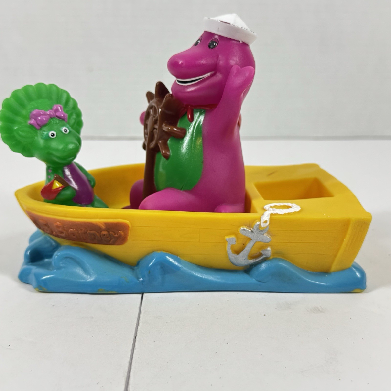 Vintage S.S. Barney Boat Toy Floating Bath Dinosaur Dino Baby Bop Rubber