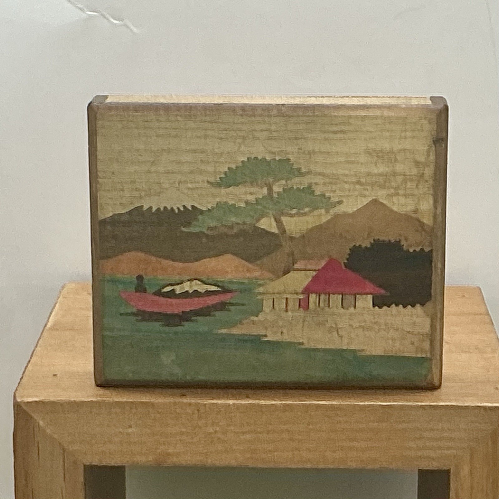 Vintage Japanese Hand Painted Wooden Storage Box w Drawer Featuring Mount Fuji Vintage Japanese Hand Painted Wooden Storage Box w Drawer Featuring Mount Fuji