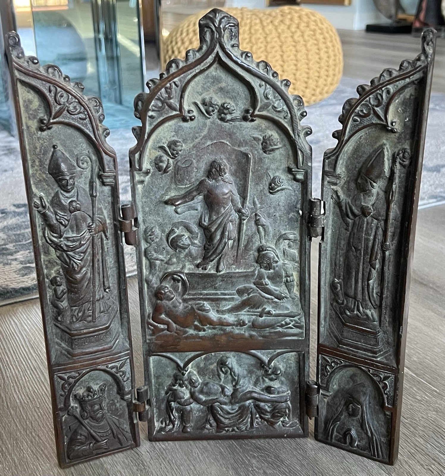 Religious Antique Bronze Triptych Resurrection Christ 13x10” -7lbs Religious Antique Bronze Triptych Resurrection Christ 13x10” -7lbs