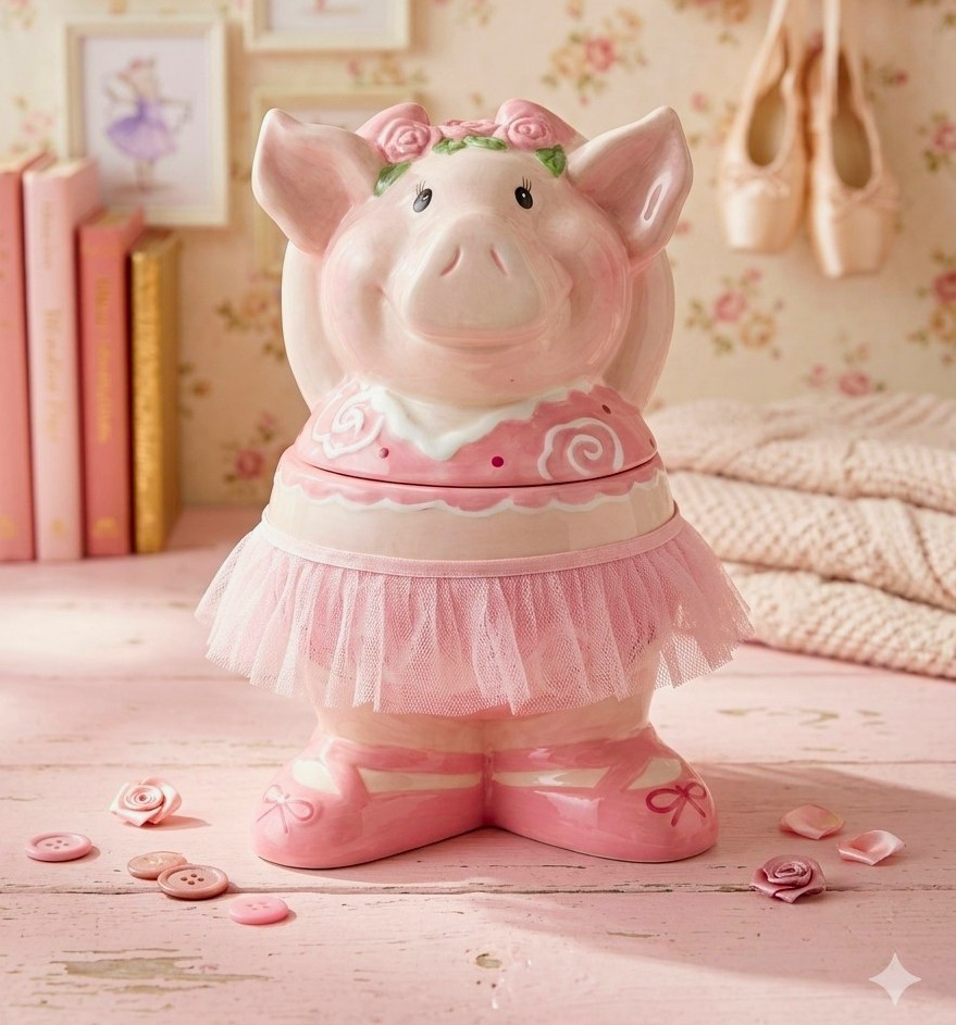 Vintage Ceramic Ballerina Dancing Pink Pig Cookie Jar with Pink Tutu 11.5\