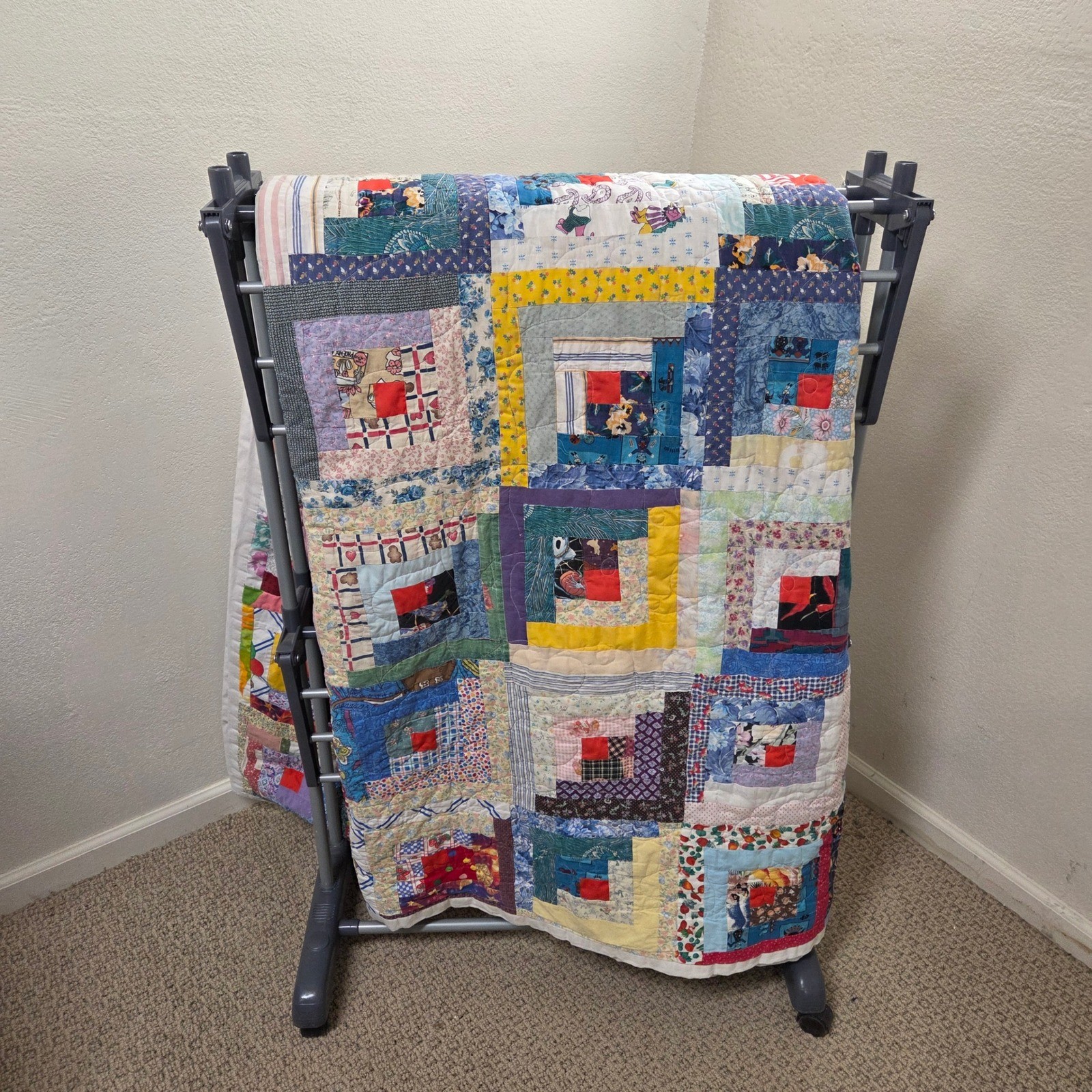 Handmade Log Cabin Patchwork Quilt Scrappy Farmhouse 96x96 King Queen Bedspread