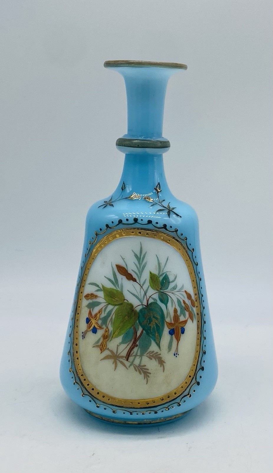 Pretty Victorian FRENCH BLUE OPALINE Glass Vase With Hand Painted Floral Enamel Pretty Victorian FRENCH BLUE OPALINE Glass Vase With Hand Painted Floral Enamel