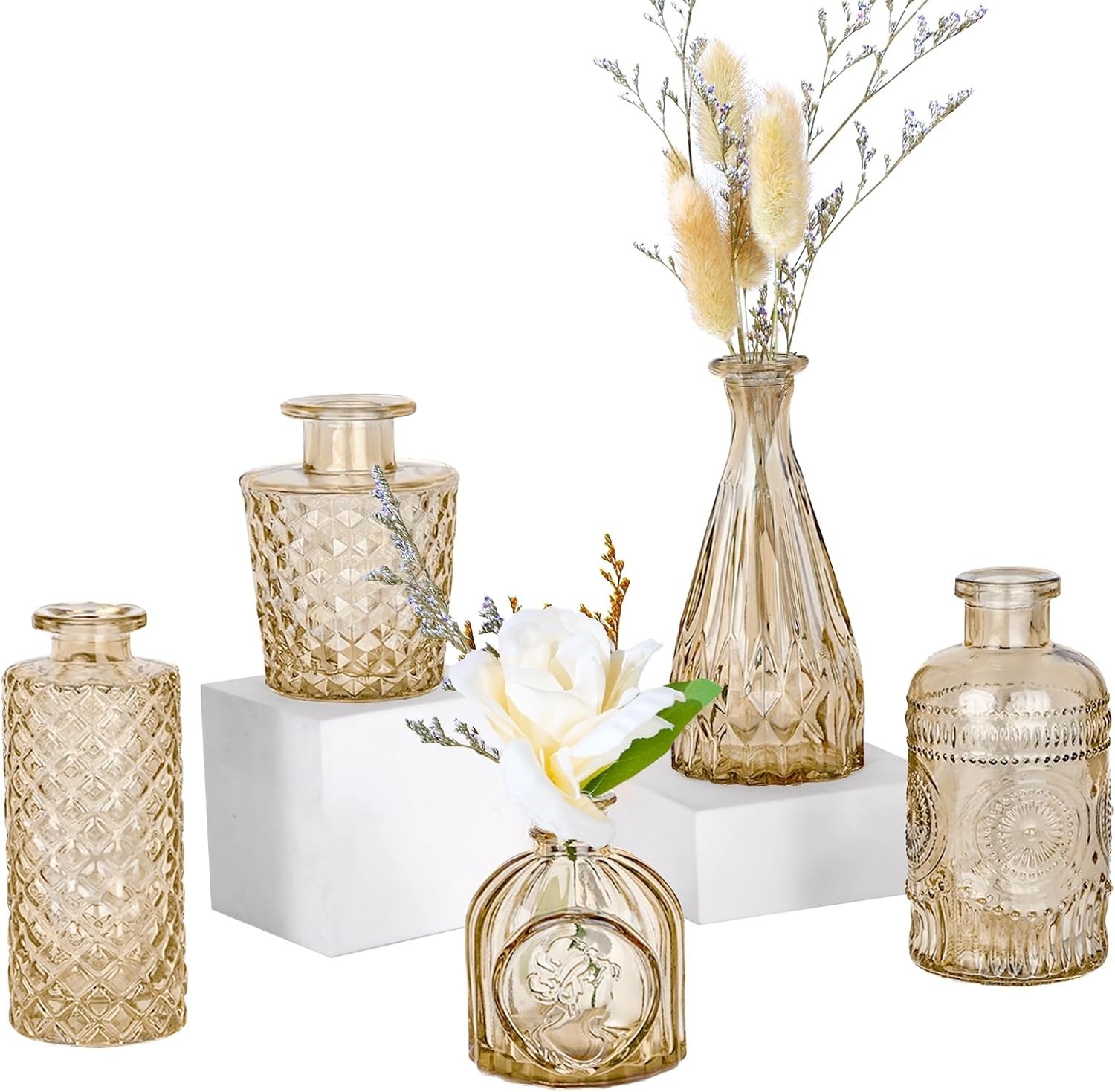 Victorian Style Amber Glass Vases Set of 5 – Beautiful Gift for Any Occasion