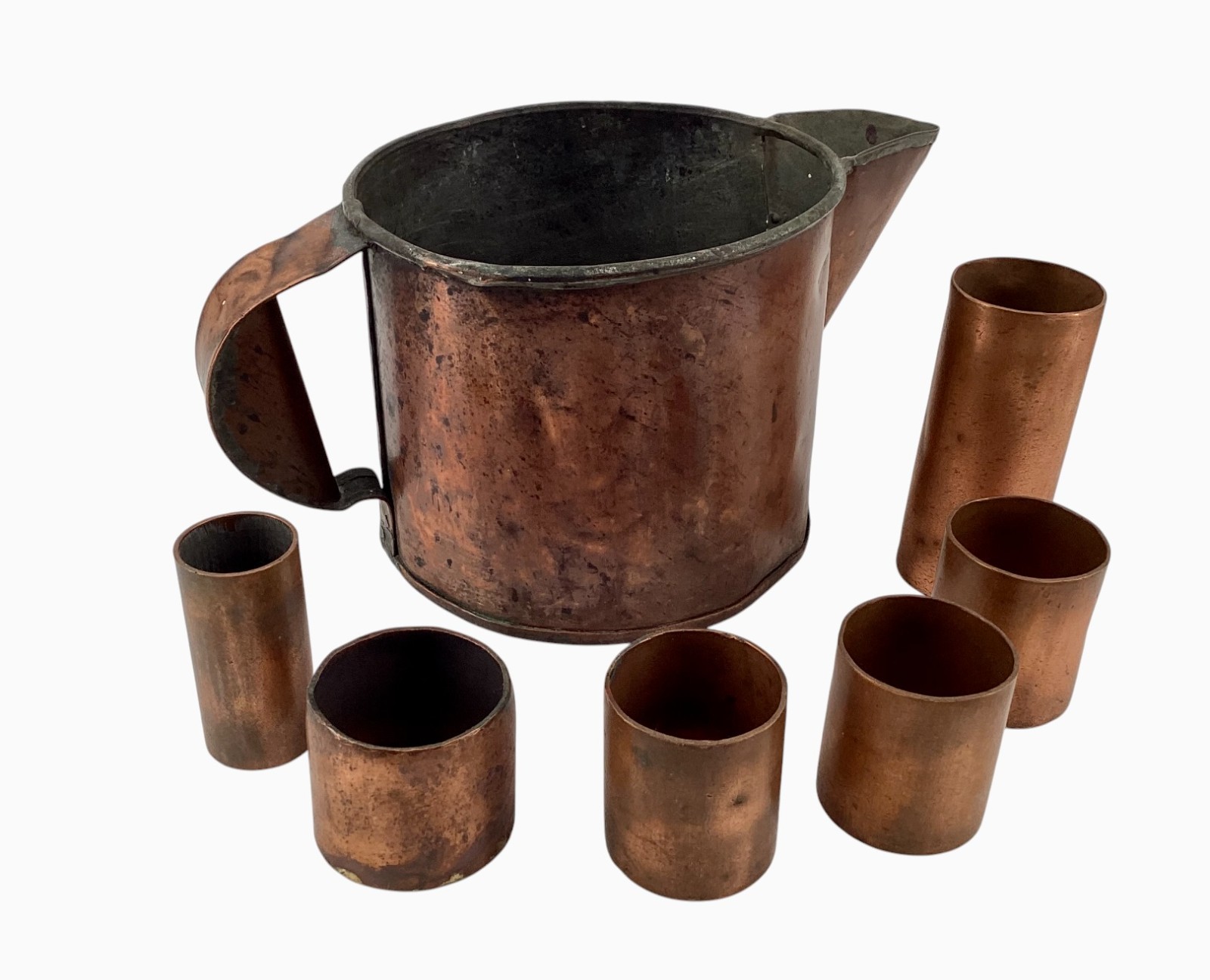Copper Brass Handmade Primitive Pitcher 1 Gallon Side Spout Handle Six Cups Vtg Copper Brass Handmade Primitive Pitcher 1 Gallon Side Spout Handle Six Cups Vtg