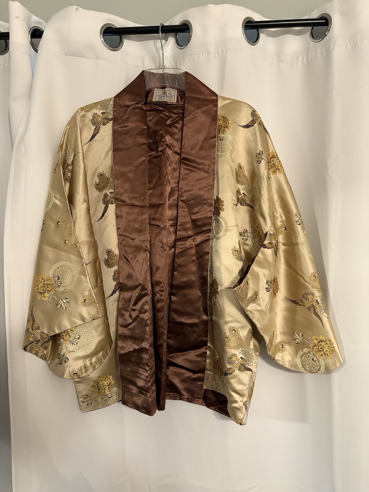 Vintage handmade by nippon nobolity 100% silk Gold and beige floral kimono robe
