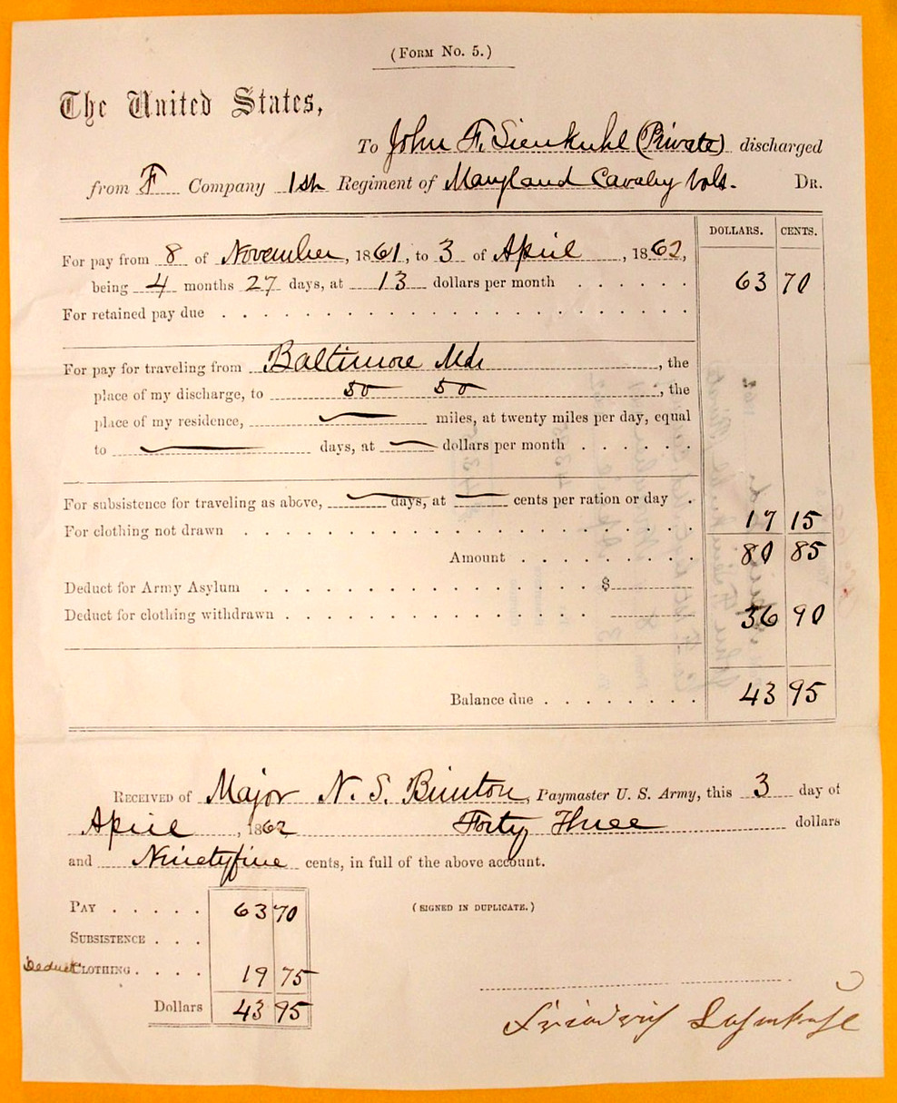 1862 Civil War Union Pay Voucher 1st Maryland Cavalry Soldier Document Autograph 1862 Civil War Union Pay Voucher 1st Maryland Cavalry Soldier Document Autograph
