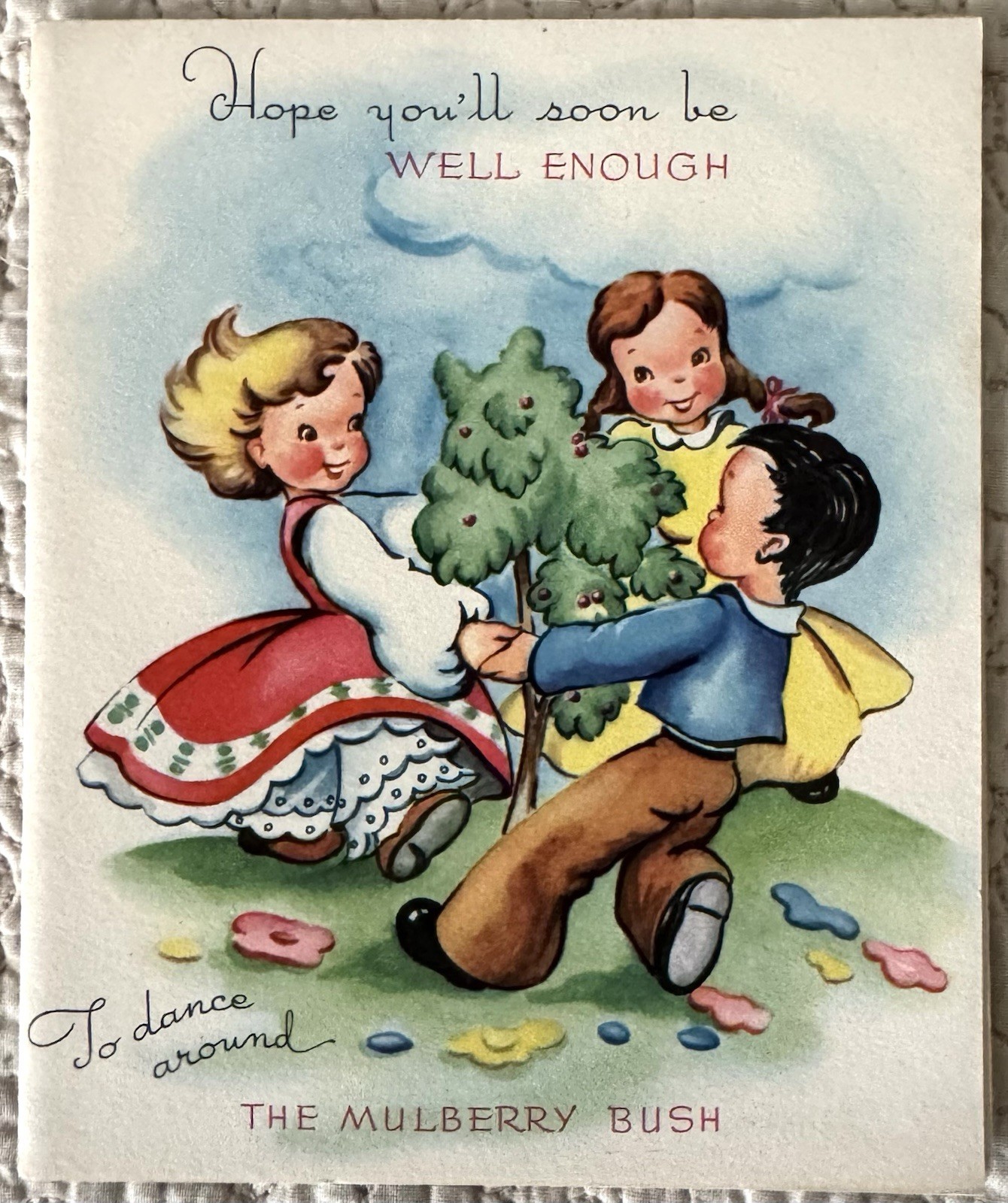 Unused Get Well Mullberry Bush Nursery Rhyme Vintage Greeting Card 1940s 1950s Unused Get Well Mullberry Bush Nursery Rhyme Vintage Greeting Card 1940s 1950s