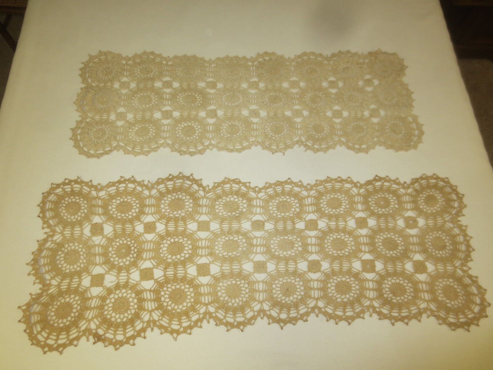 2 Unused HAND CROCHETED NATURAL Cotton RUNNERS SCARVES - 14\