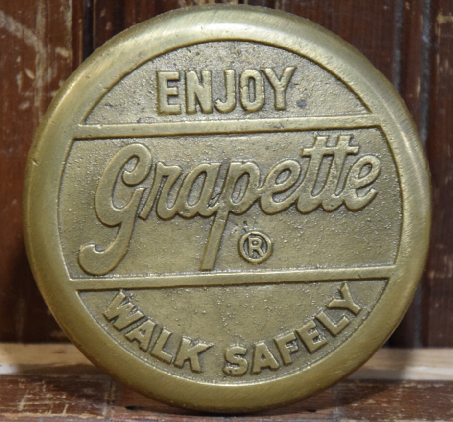 GRAPETTE ENJOY WALK SAFELY BRASS SIDEWALK SIGN GRAPE SODA CEMENT VINTAGE 1930s GRAPETTE ENJOY WALK SAFELY BRASS SIDEWALK SIGN GRAPE SODA CEMENT VINTAGE 1930s