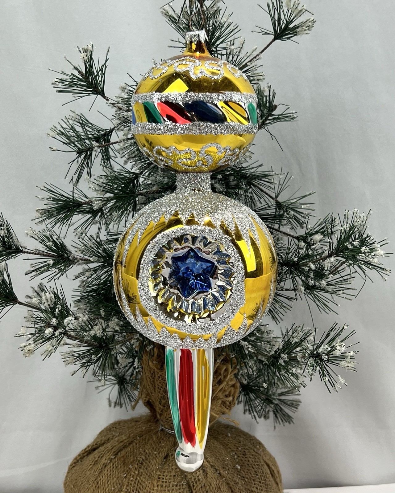 Vintage Jumbo Triple Indent Fluted Drop Finial Glass Christmas Ornament Germany