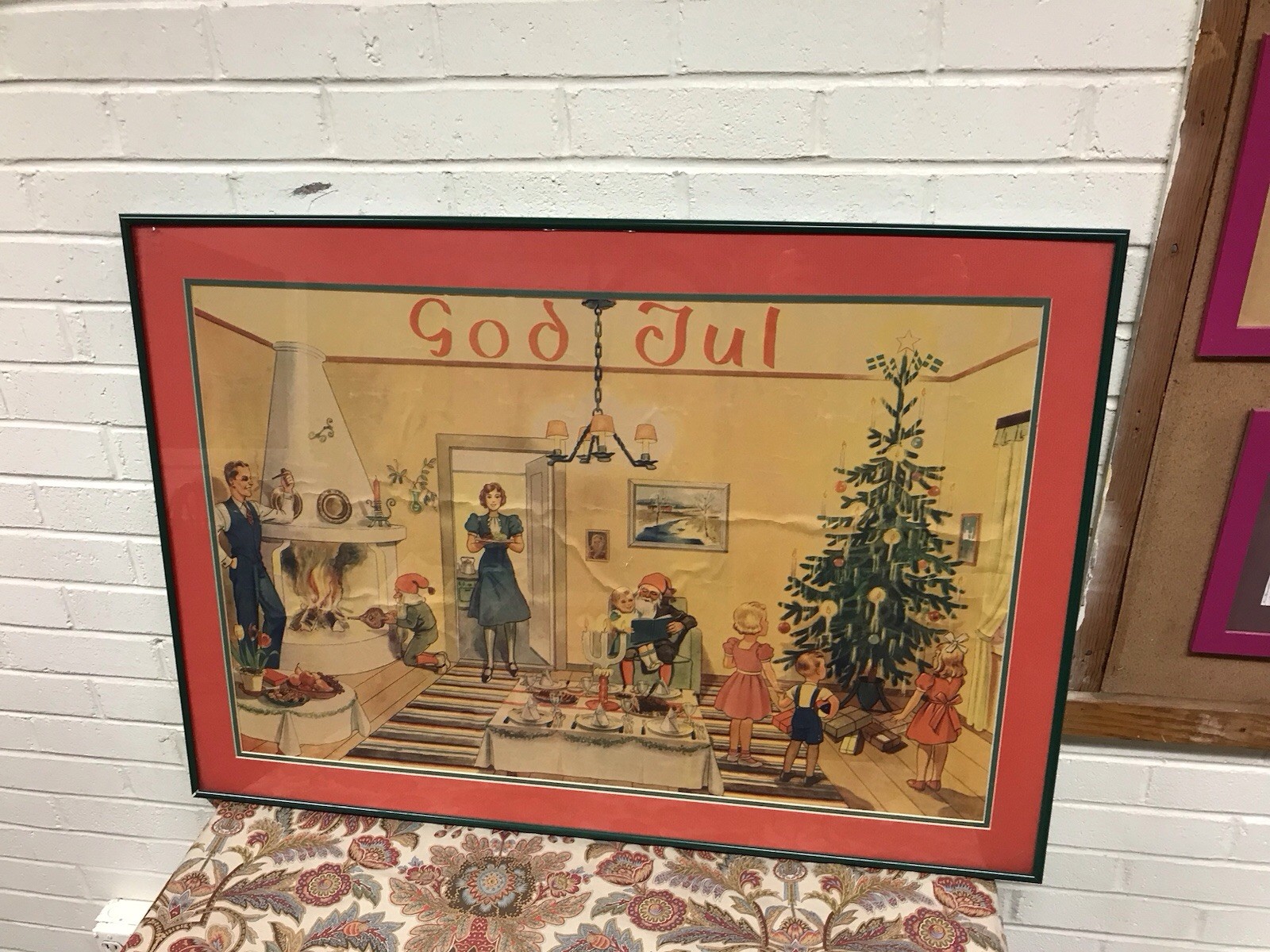 ANTIQUE VTG “GOD JUL” CHRISTMAS FAMILY SCENE ON CREPE TISSUE PAPER LARGE FRAMED 