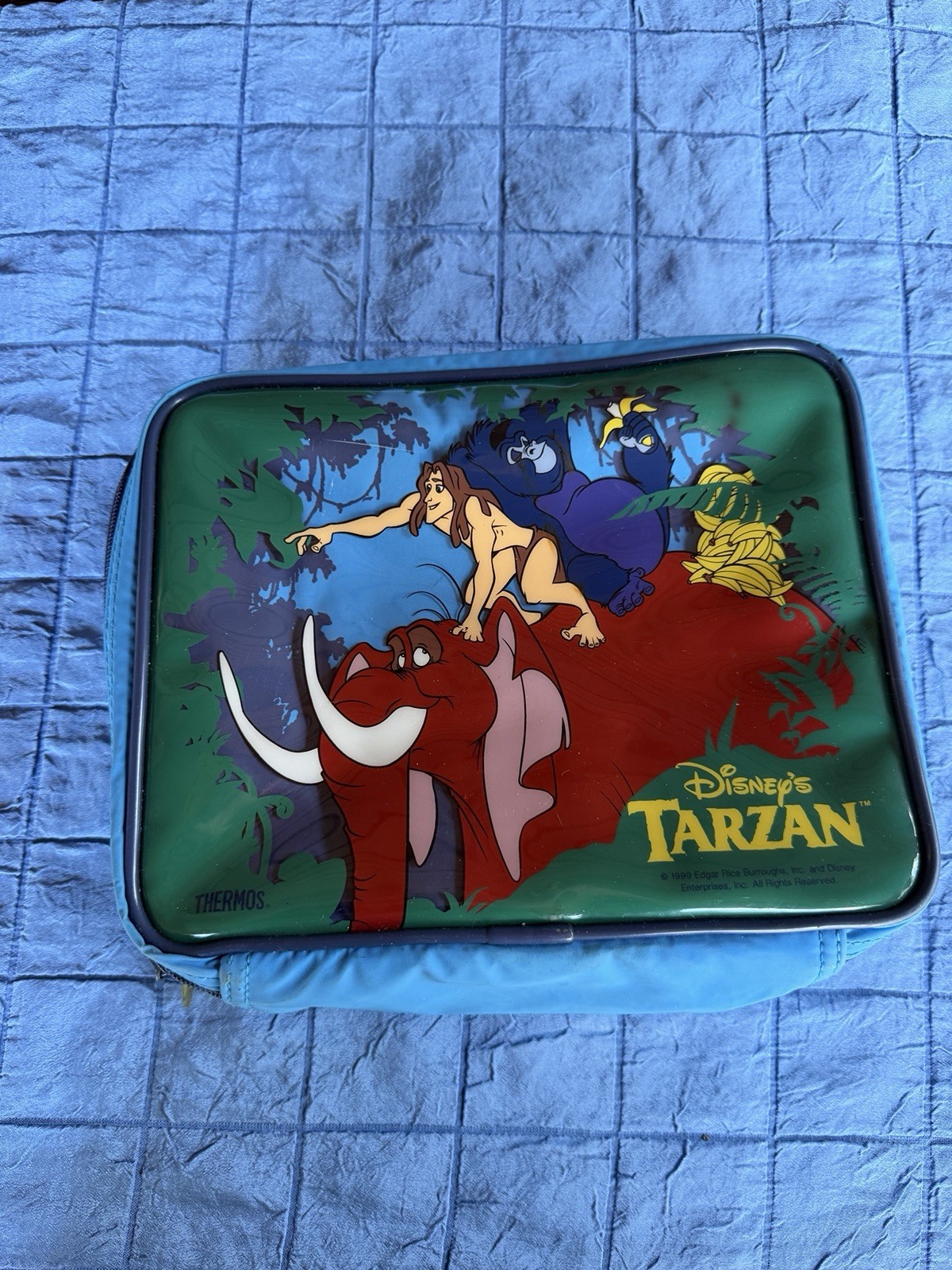 VTG  90’s Tarzan Lunchbox Thermos Disney 1999 Soft Blue