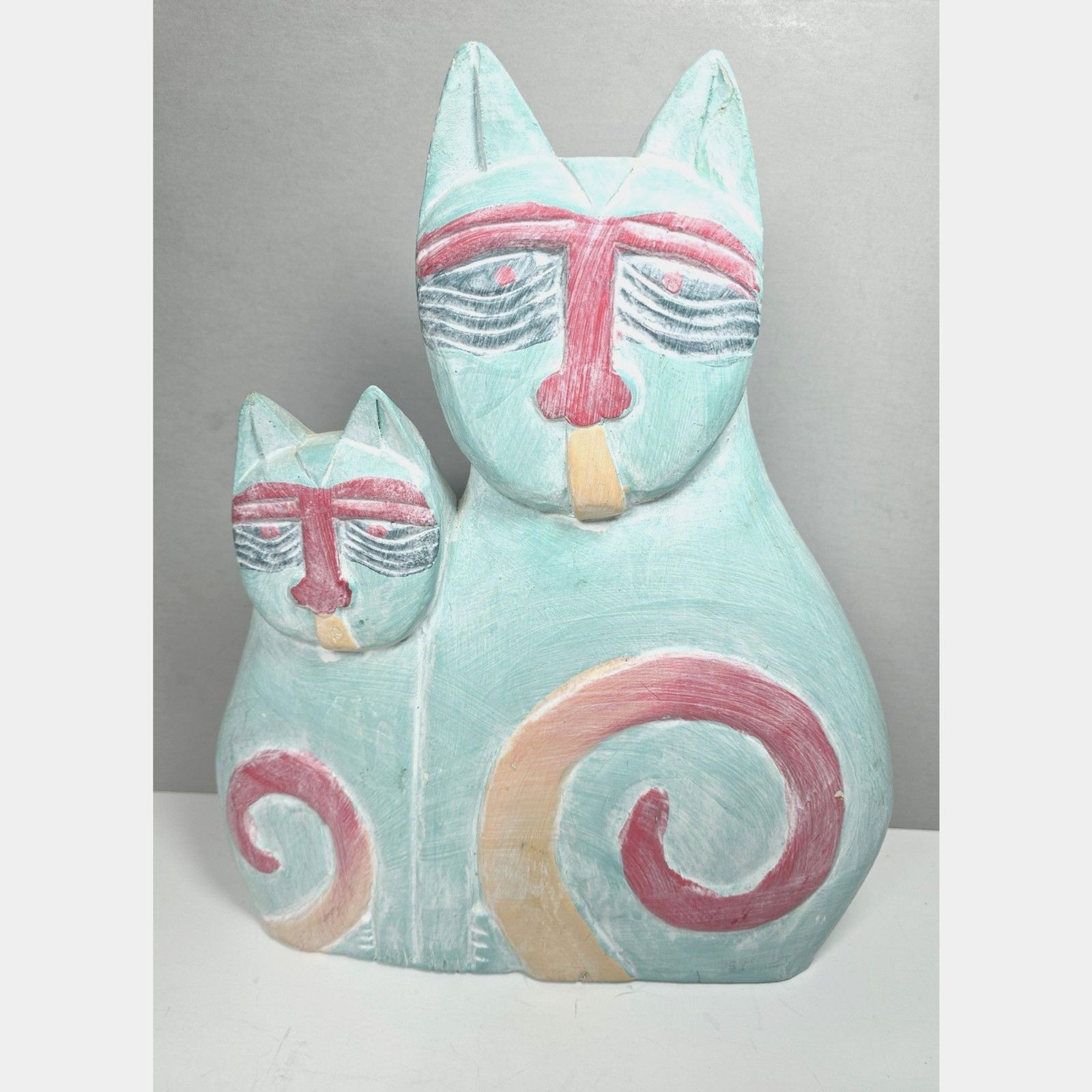 Vintage Folk Art Cat Sculpture Carved Wood Painted Turquoise Color 12.5 Vintage Folk Art Cat Sculpture Carved Wood Painted Turquoise Color 12.5