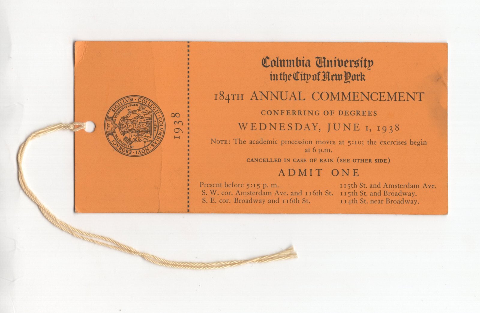 Vintage June 1 1938 Columbia University NY Commencement Ticket Pass Stub Vintage June 1 1938 Columbia University NY Commencement Ticket Pass Stub
