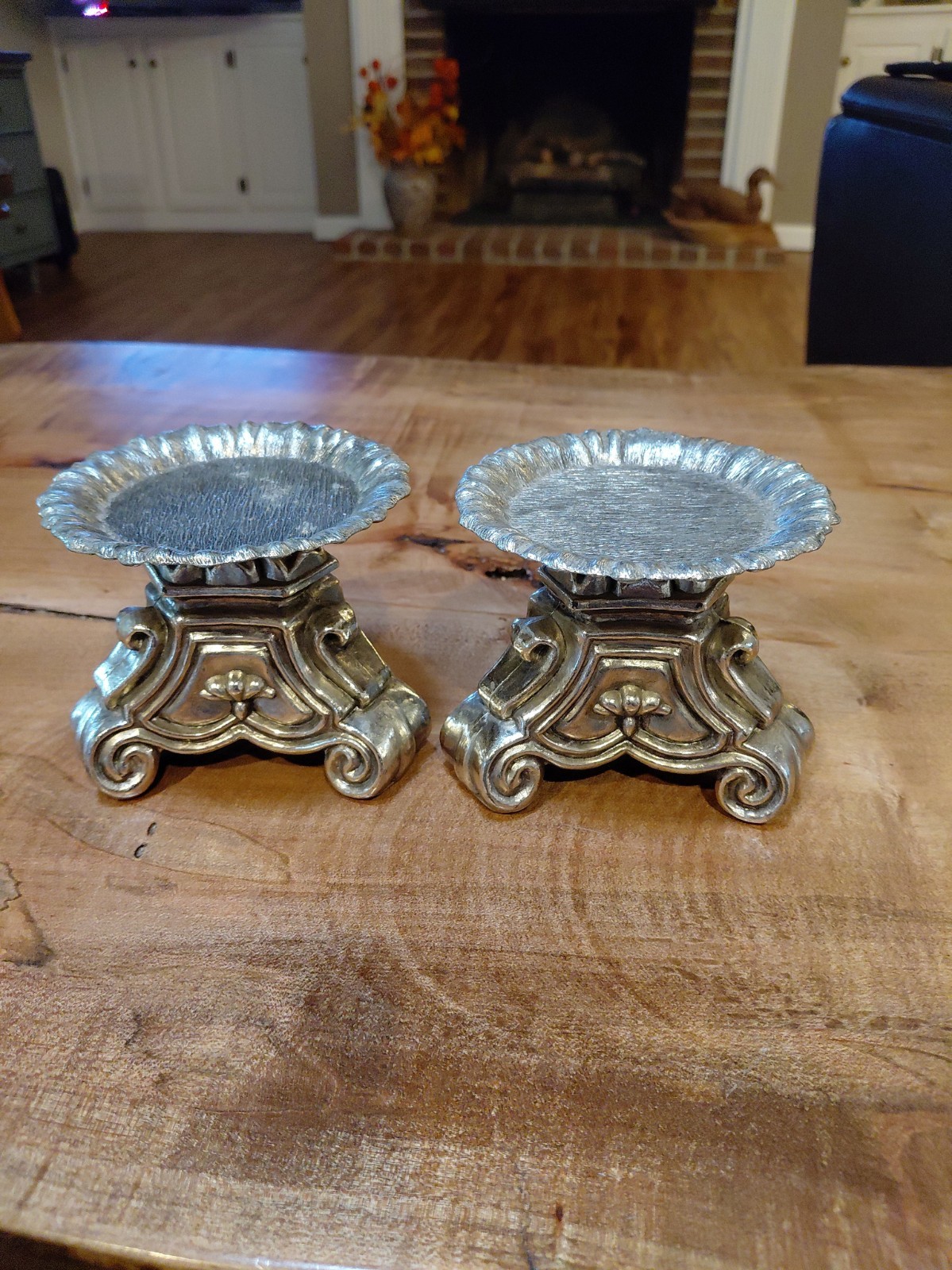 Vtg Pair Rubel Ornate Heavy Metal Candle Holder Scrollwork Footed Display Base Vtg Pair Rubel Ornate Heavy Metal Candle Holder Scrollwork Footed Display Base