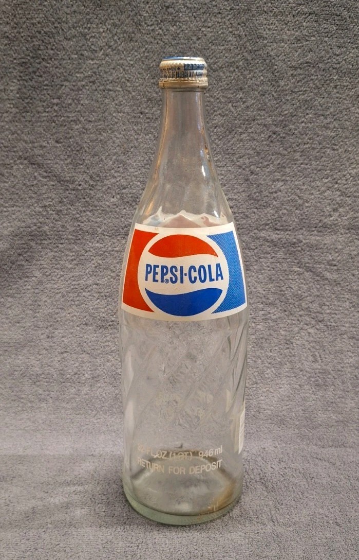 Vintage 1970's Pepsi Cola 32oz Glass Bottle with Cap Raleigh, NC Red White Blue Vintage 1970's Pepsi Cola 32oz Glass Bottle with Cap Raleigh, NC Red White Blue