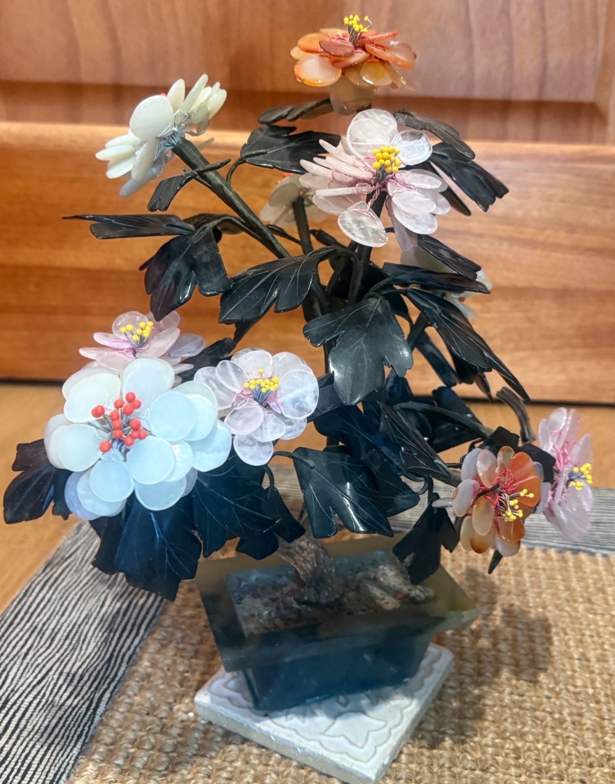 Vintage Chinese Bonsai Tree, Jade, Quartz, Rose Quartz, 11”w X 12”h - hand made Vintage Chinese Bonsai Tree, Jade, Quartz, Rose Quartz, 11”w X 12”h - hand made