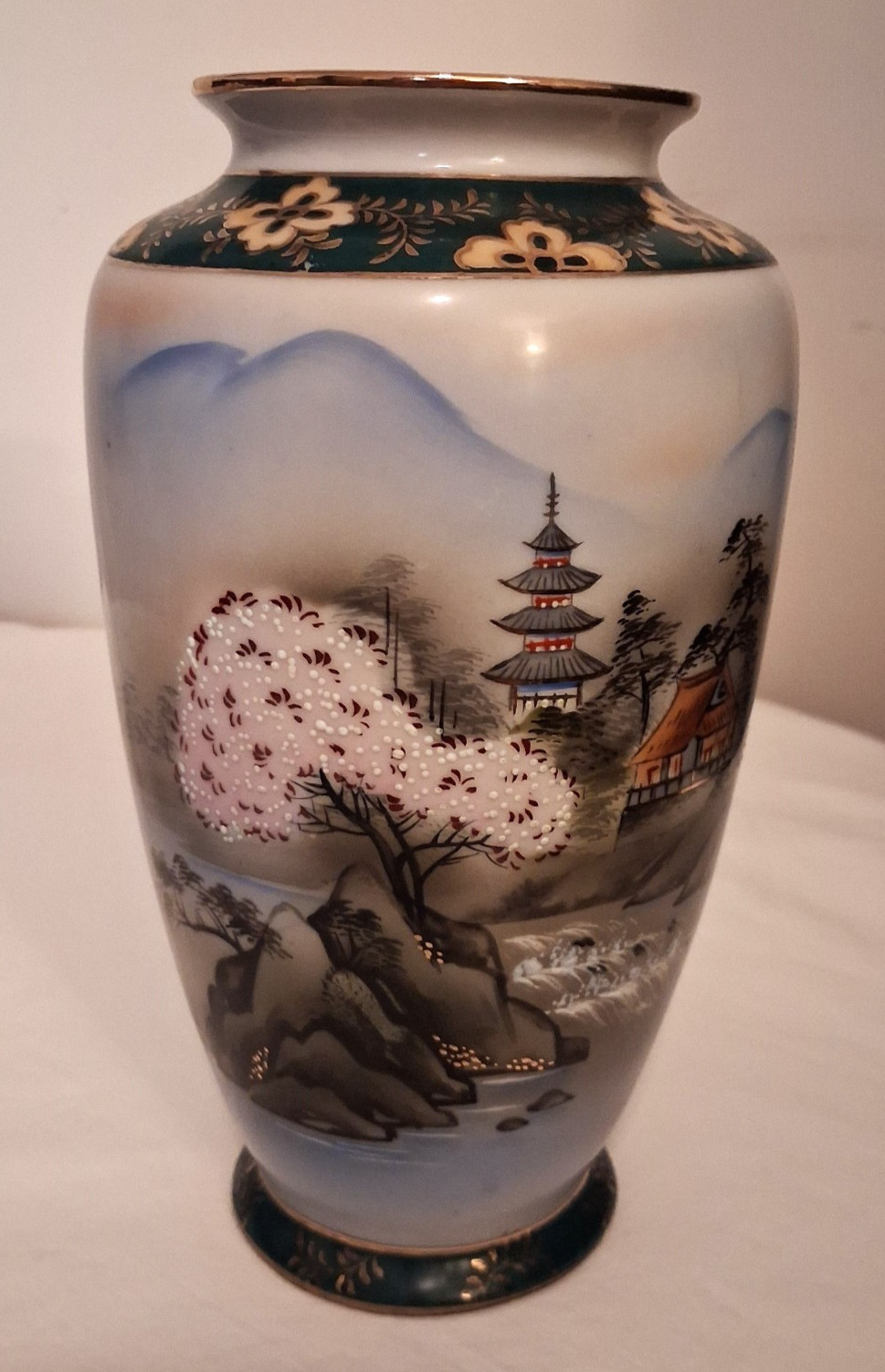 Vintage Hand-Painted Japanese Vase Pagoda & Cherry Blossom & Mountains Gold Trim