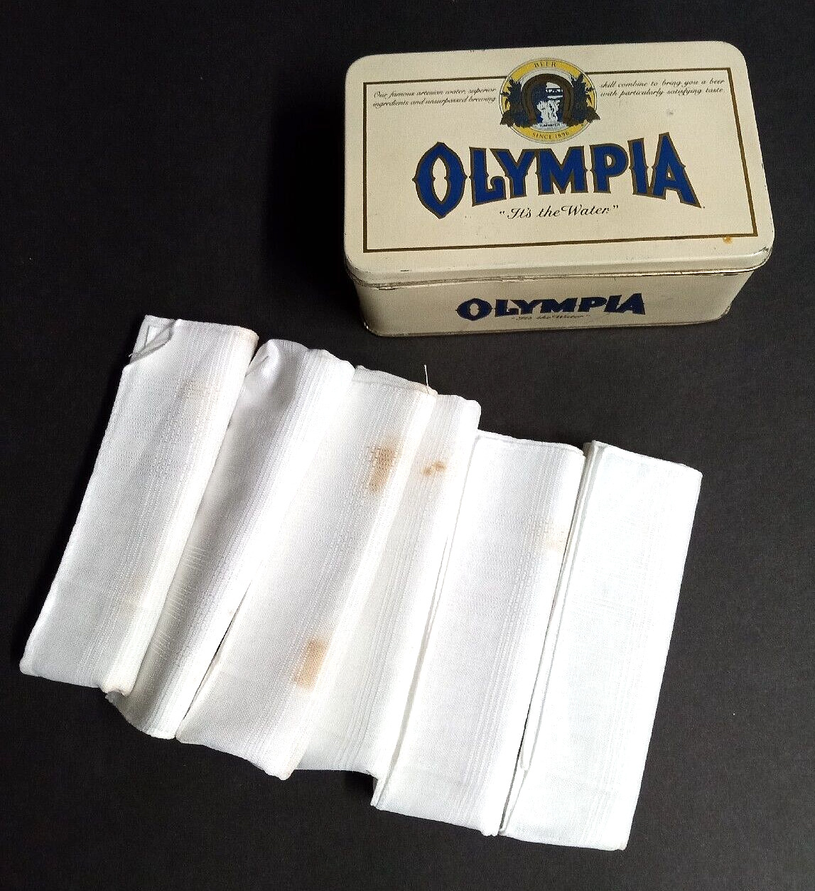 Olympia Brewing Co Beer 6 Pack of Mens Fine Handkerchiefs in Vtg Metal Tin Case