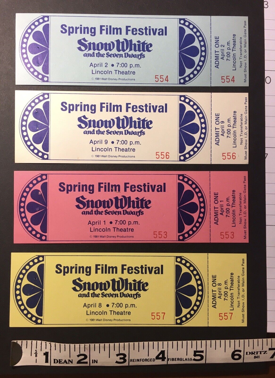 (4) 1981 Cast Member Film Festival Snow White And The Seven Dwarfs Movie Tickets
