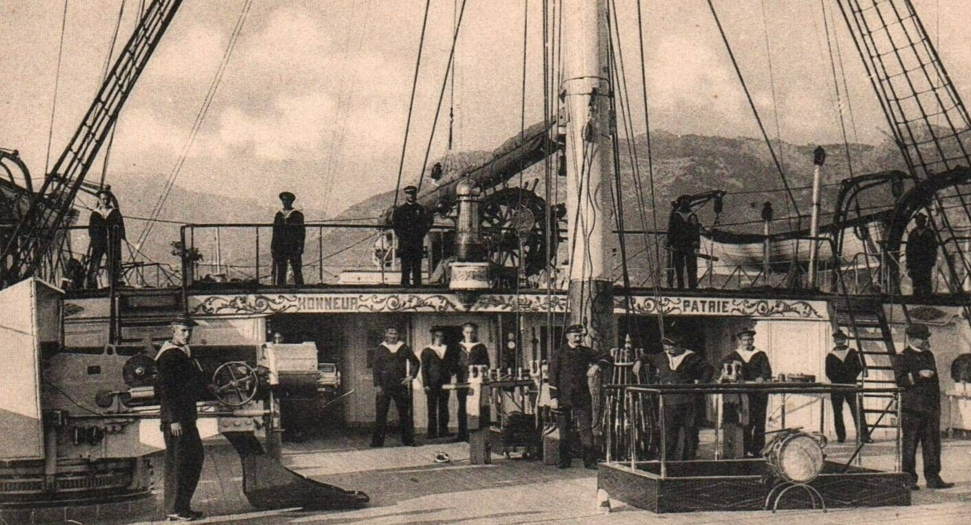 Postcard French Navy c1900s Sailors on Deck of Battleship Quarterdeck