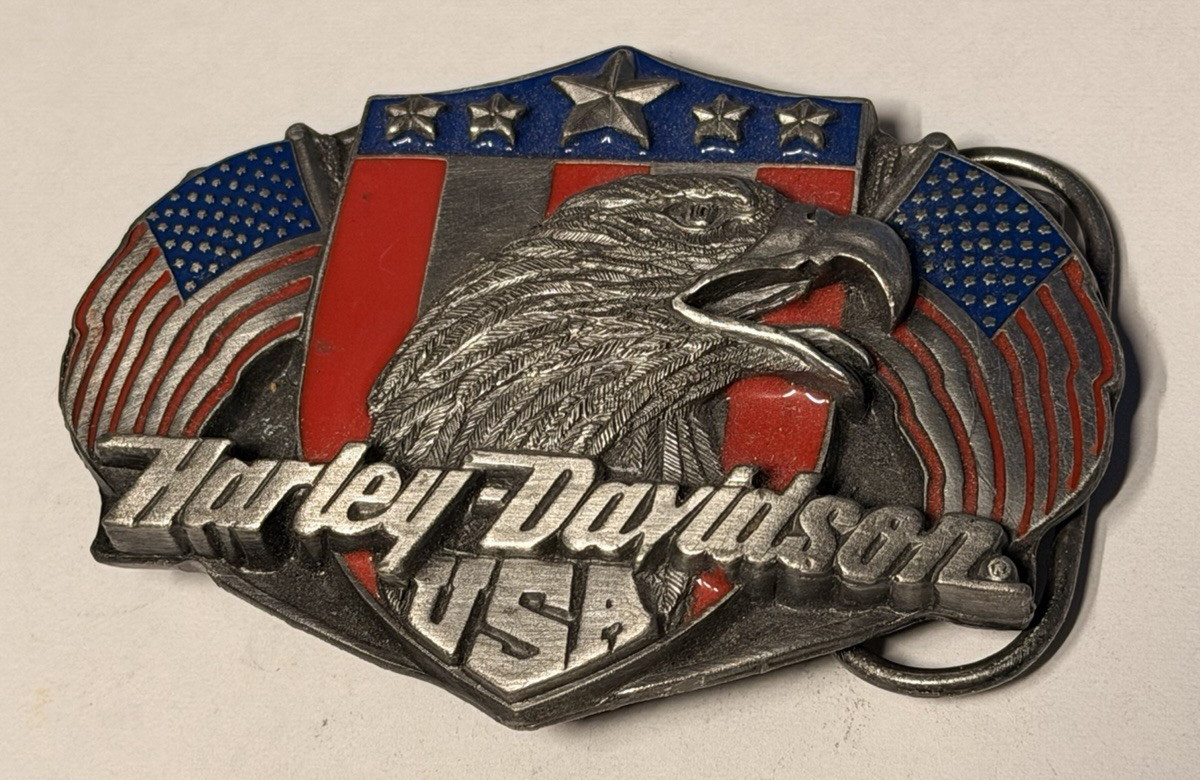 1988 Vintage Siskiyou Harley Davidson Buckle  Eagle USA Flags Red & Blue Enamel