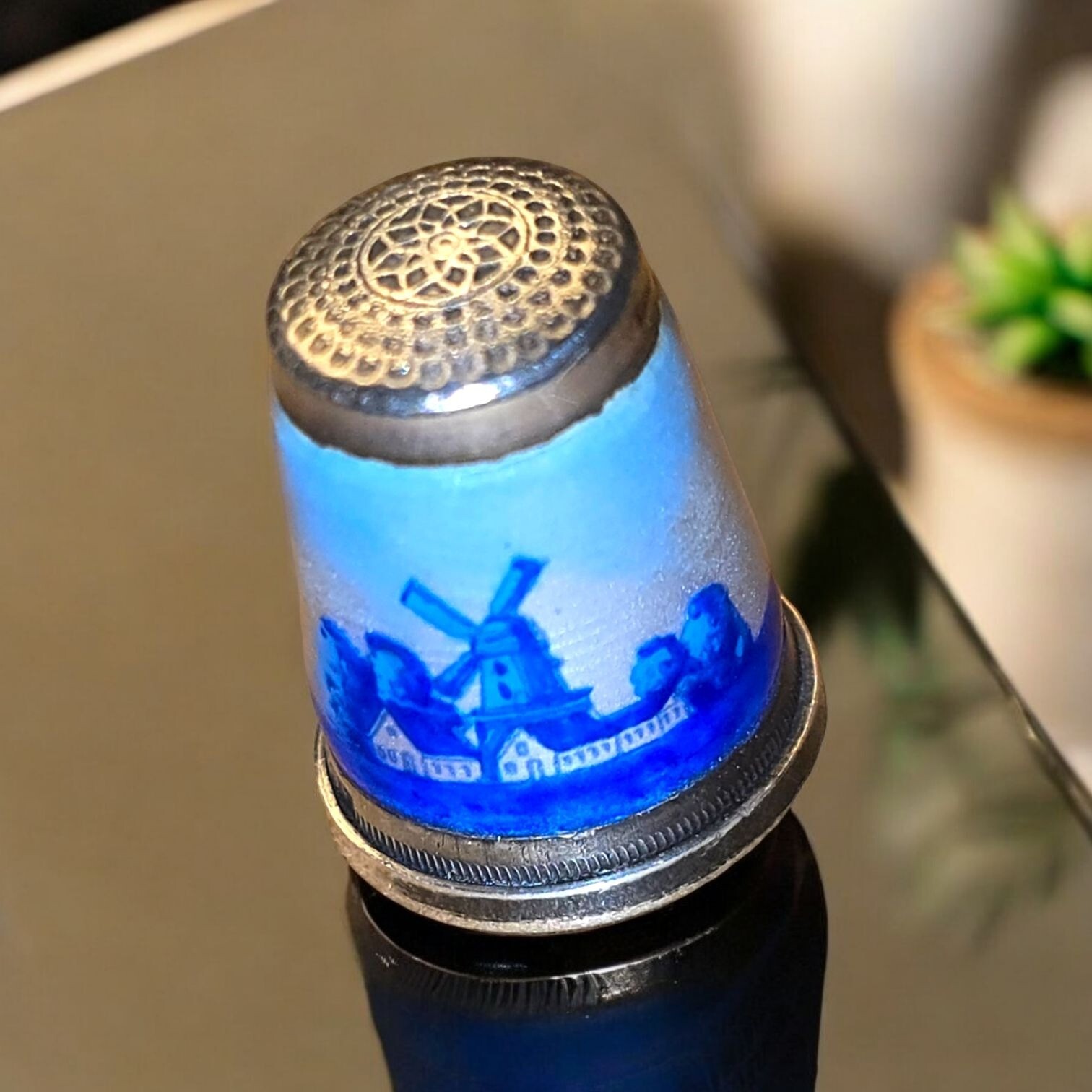 Argentium Silver Thimble With Dutch Windmill Blue Enamel Design 935 (F110) Argentium Silver Thimble With Dutch Windmill Blue Enamel Design 935 (F110)