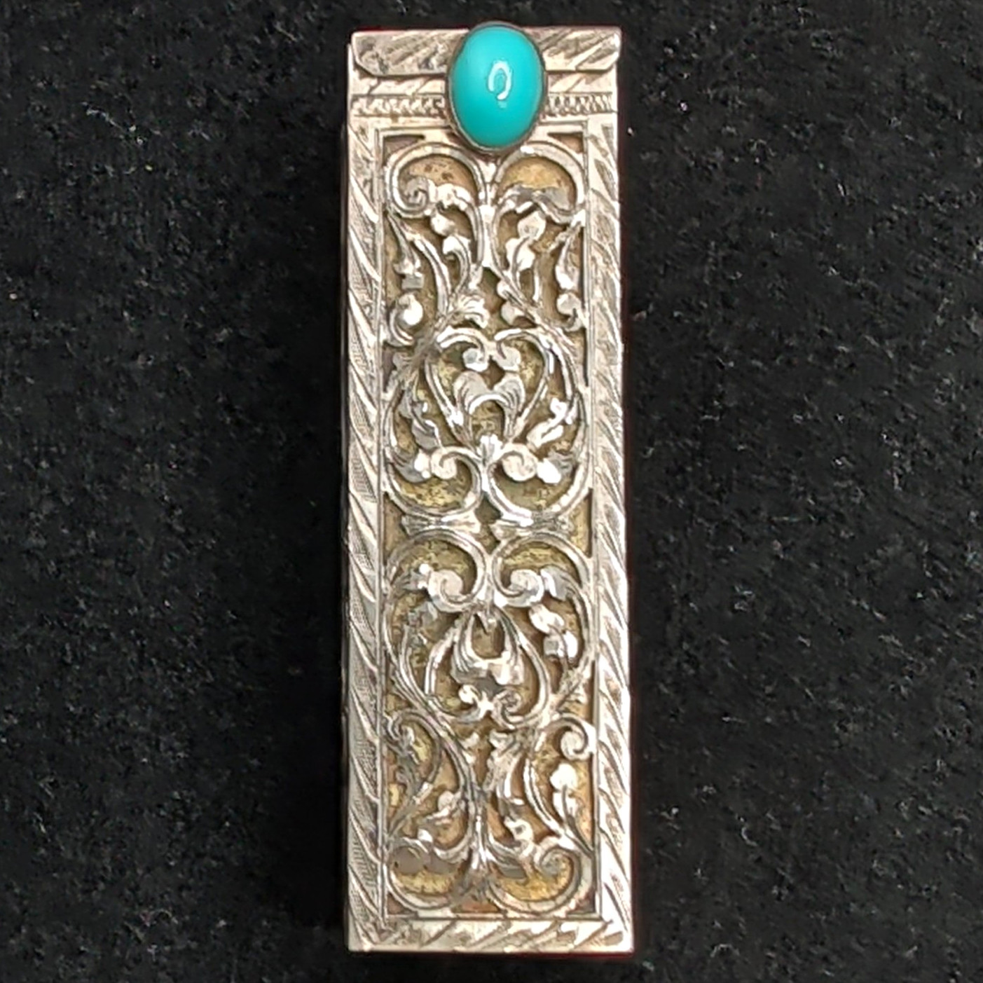 Vintage Ornate Italian 800 Silver Lipstick Holder with Turquoise Cabochon