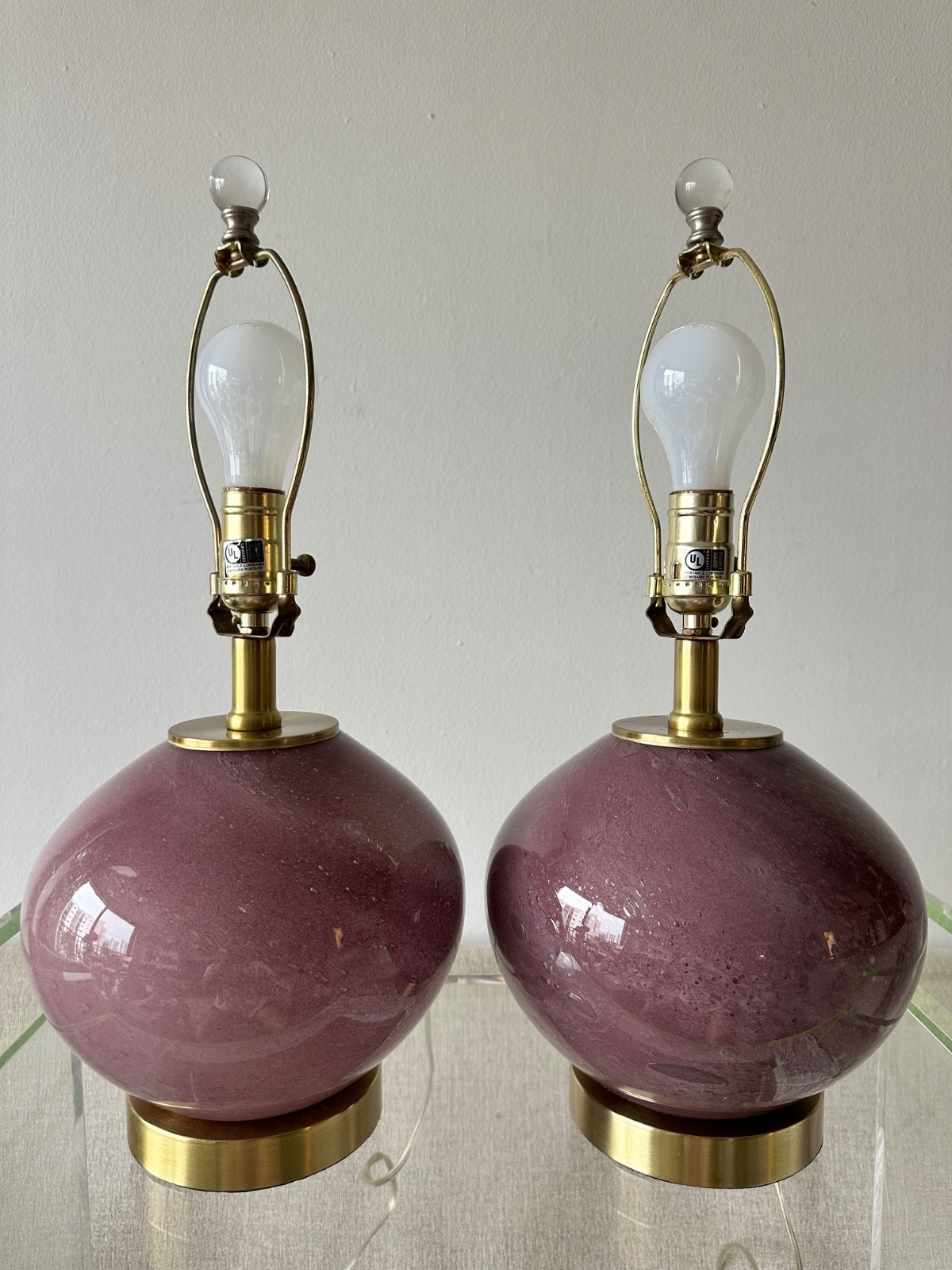 Pair Vintage Plum Purple Glass Table Lamps Brass Bases Hollywood Regency Pair Vintage Plum Purple Glass Table Lamps Brass Bases Hollywood Regency