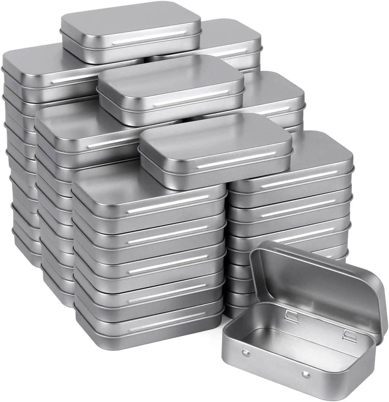 40 Pack Metal Rectangular Empty Hinged Tins, Silver Mini Portable Box Containers 40 Pack Metal Rectangular Empty Hinged Tins, Silver Mini Portable Box Containers