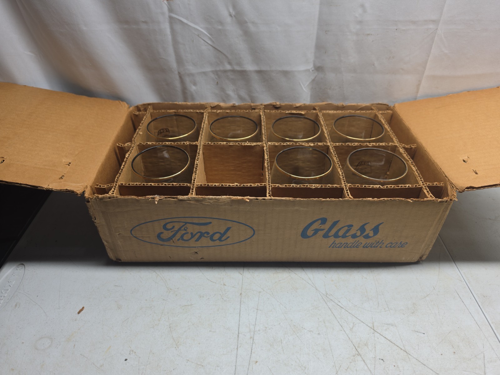 Vintage 1967 Ford Metal Stamping Glass Cups Gold Trim In Original Box Vintage 1967 Ford Metal Stamping Glass Cups Gold Trim In Original Box