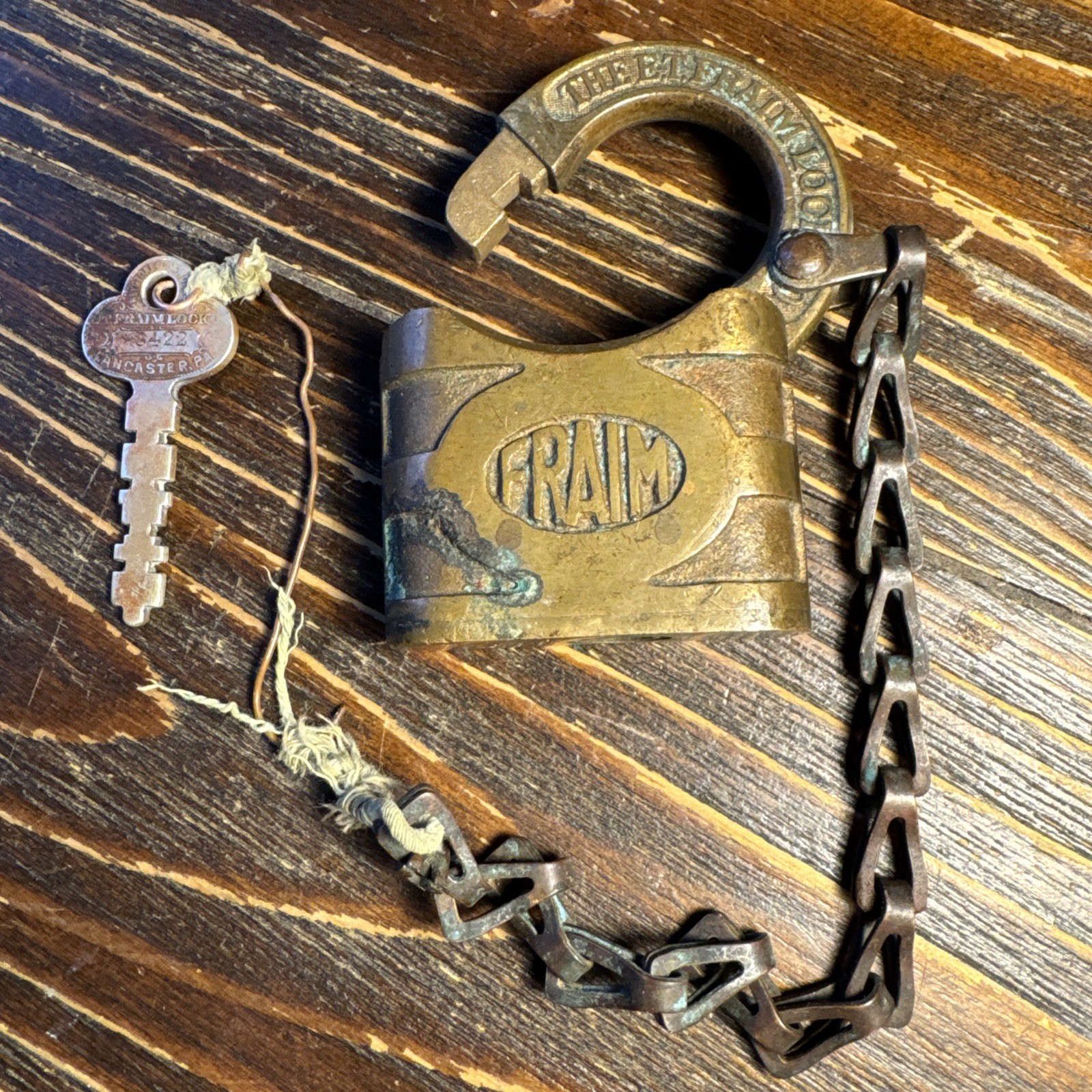 Antique Fraim Brass Padlock w/ Rare Ornate Keystone Lock Works Key 3422 & Chain