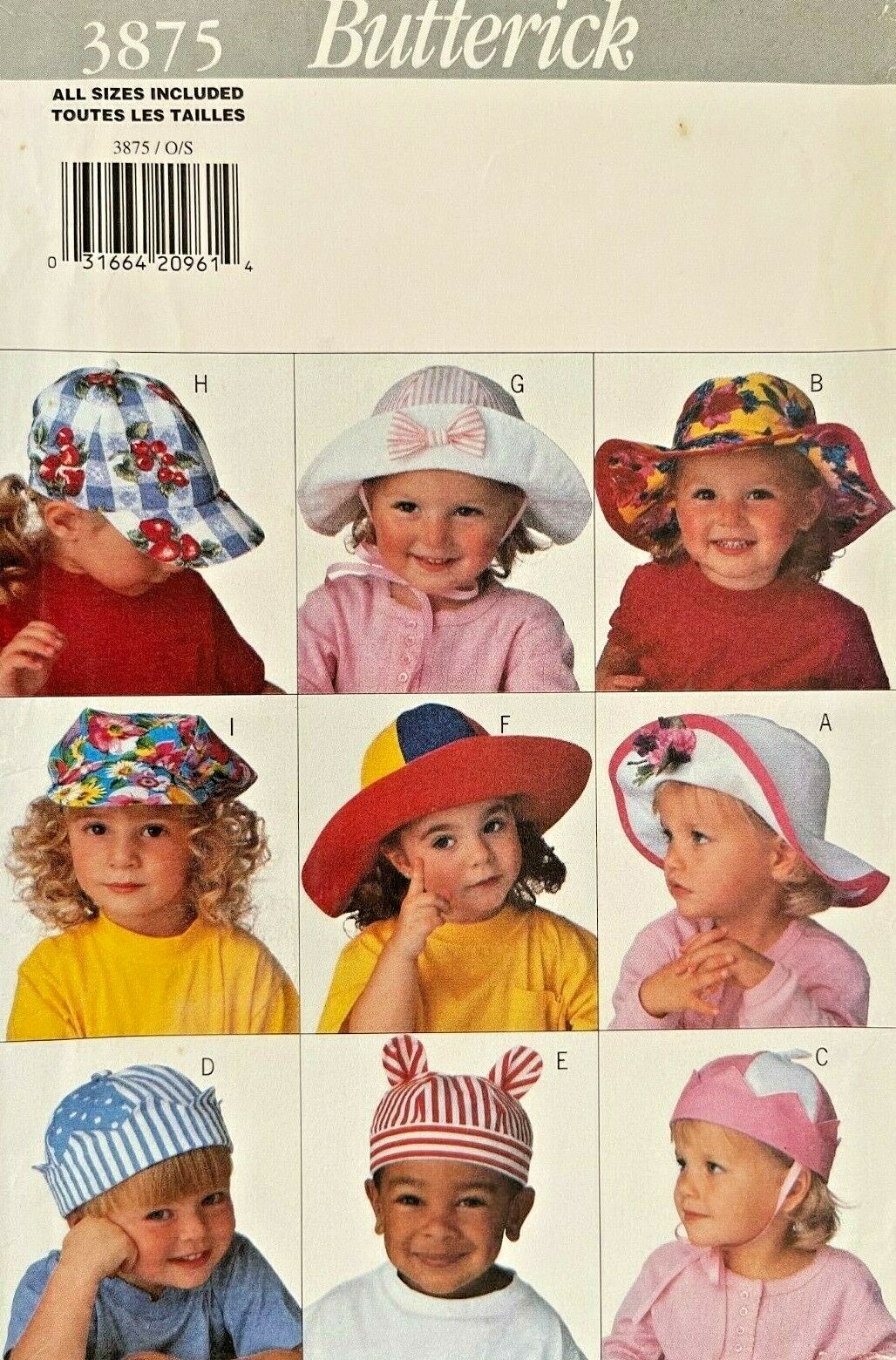 1990\'s VTG Butterick Child\'s Hats Pattern 3875 Size S-L UNCUT 1990\'s VTG Butterick Child\'s Hats Pattern 3875 Size S-L UNCUT