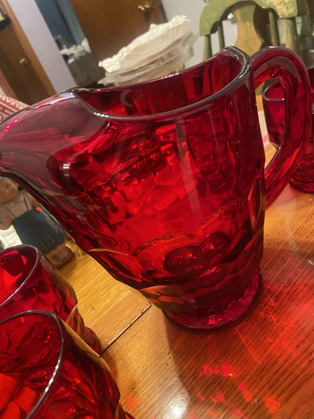 Vintage Duncan & Miller 1950s Georgian Ruby Red Glass Pitcher Ice Lip Honeycomb Vintage Duncan & Miller 1950s Georgian Ruby Red Glass Pitcher Ice Lip Honeycomb