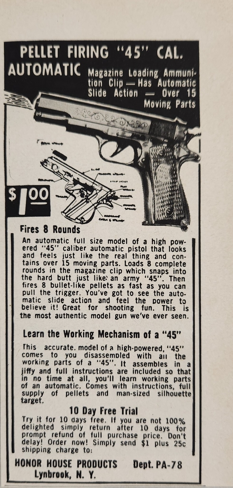 1958 Print Ad Pellet Firing 45 Cal. Automatic Pistols Honor House Lynbrook,NY
