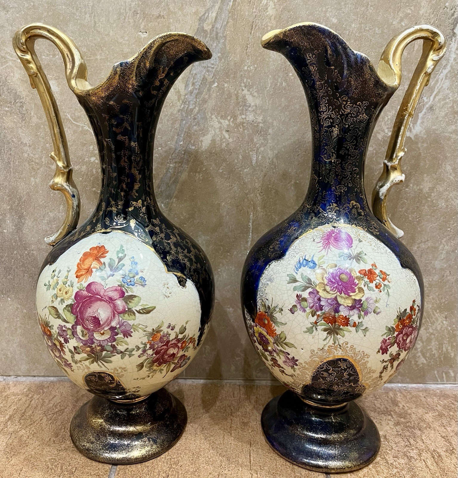 TWO Antique English Thomas Forester & Sons Hand Decorated Porcelain Pitchers TWO Antique English Thomas Forester & Sons Hand Decorated Porcelain Pitchers