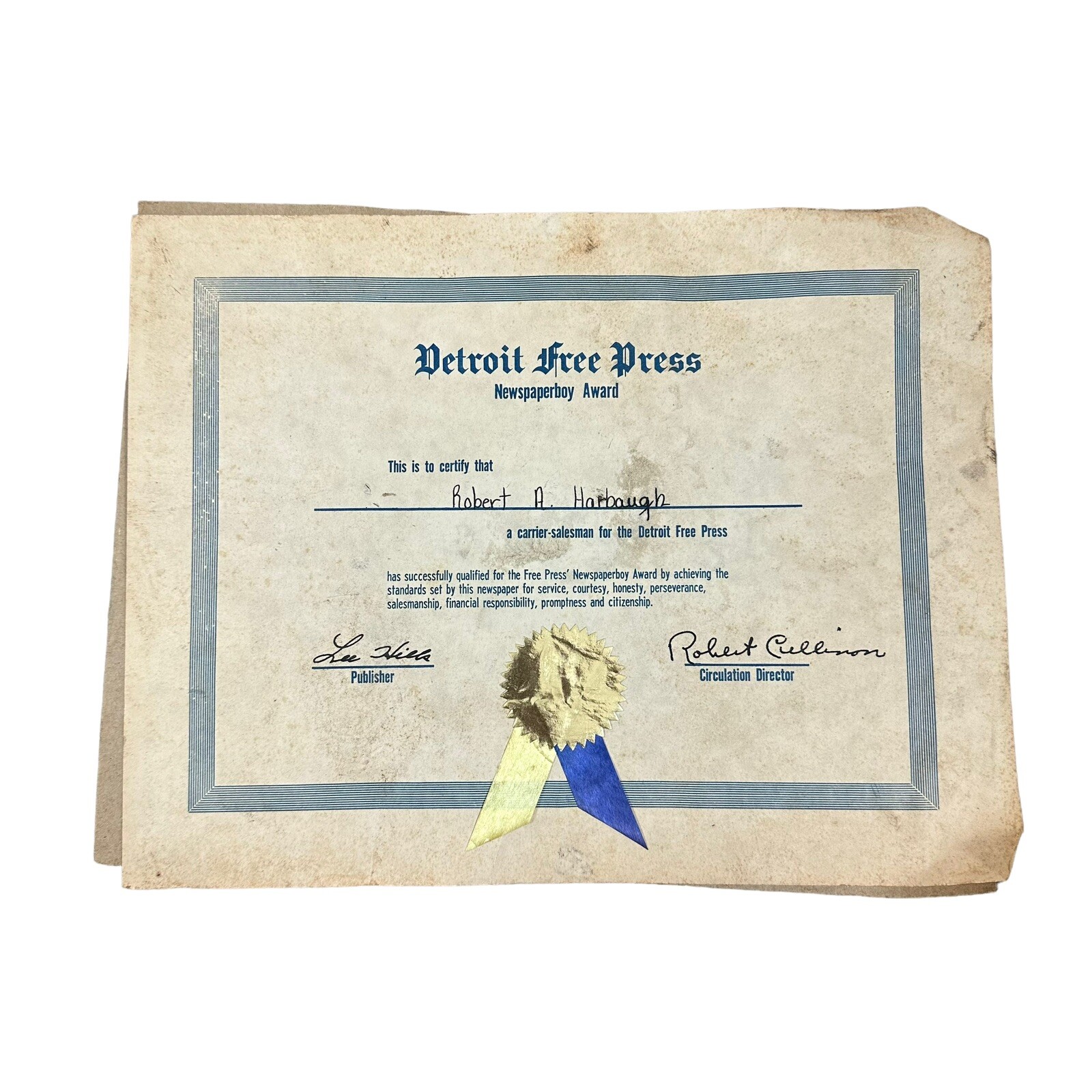 Detroit Free Press Newspaper Boy Award 1970/80s? Paper Lee Hills Michigan FLAWS Detroit Free Press Newspaper Boy Award 1970/80s? Paper Lee Hills Michigan FLAWS
