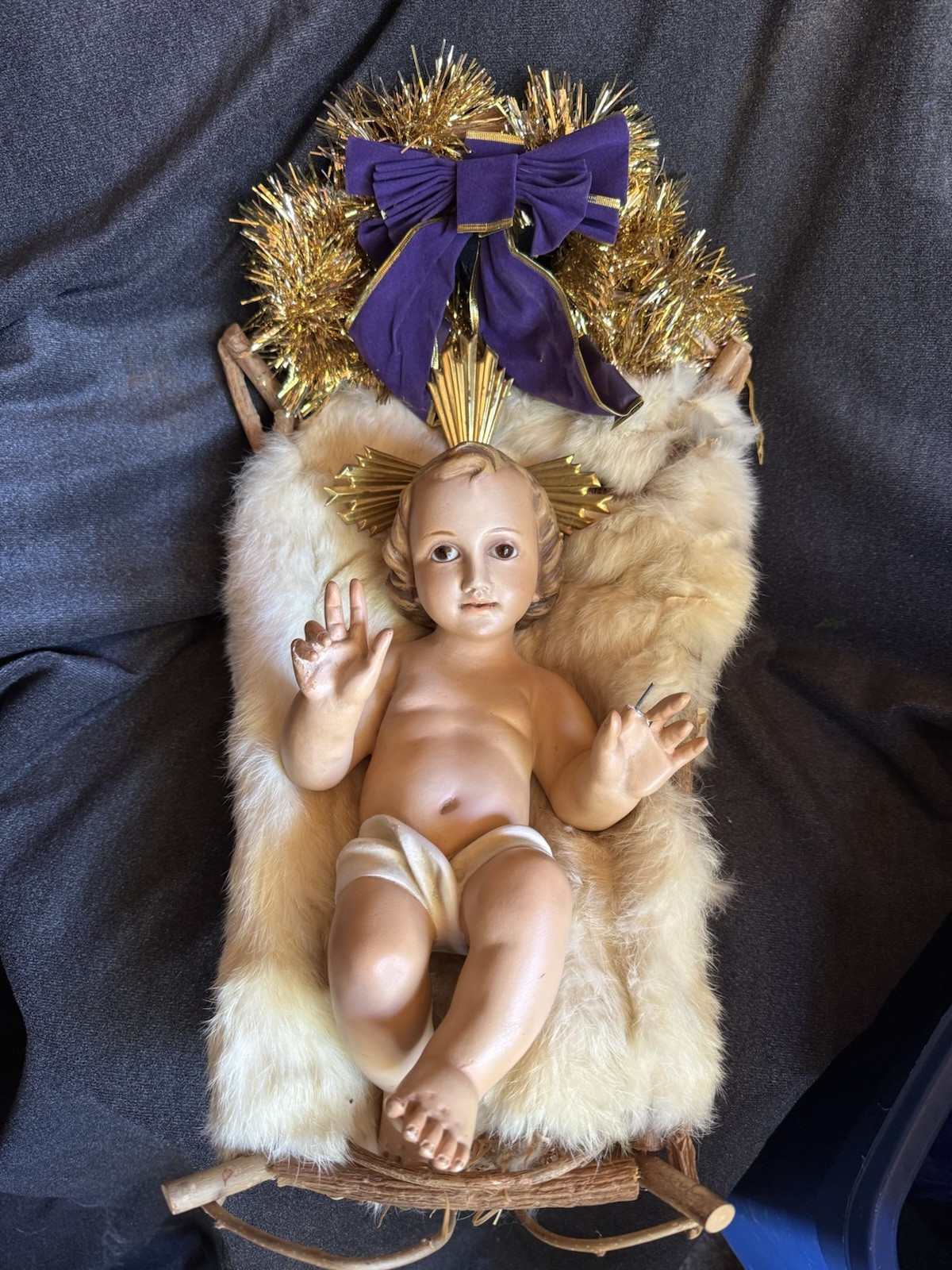 Vintage Baby Jesus Spain Porcelain Nativity Glass Eye Metal Rays 13\