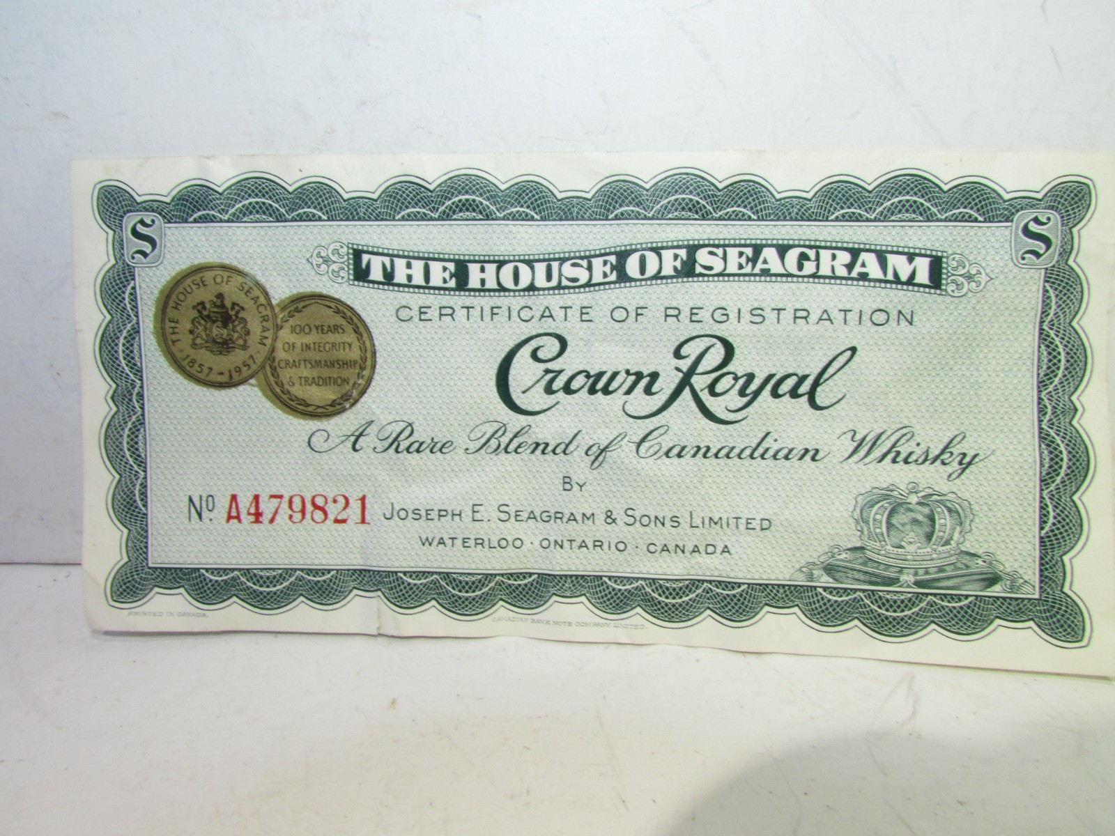 Crown Royal Certificate Of Registration Seagrams Pre- Import 1960s -Wrinkled Crown Royal Certificate Of Registration Seagrams Pre- Import 1960s -Wrinkled