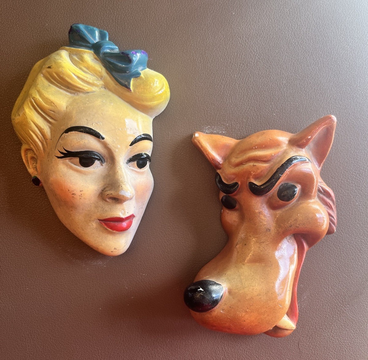 Rare 1950’s Antique Chalk Ware Figures Wall Hanging WOLF AND WOMAN Heads Rare 1950’s Antique Chalk Ware Figures Wall Hanging WOLF AND WOMAN Heads